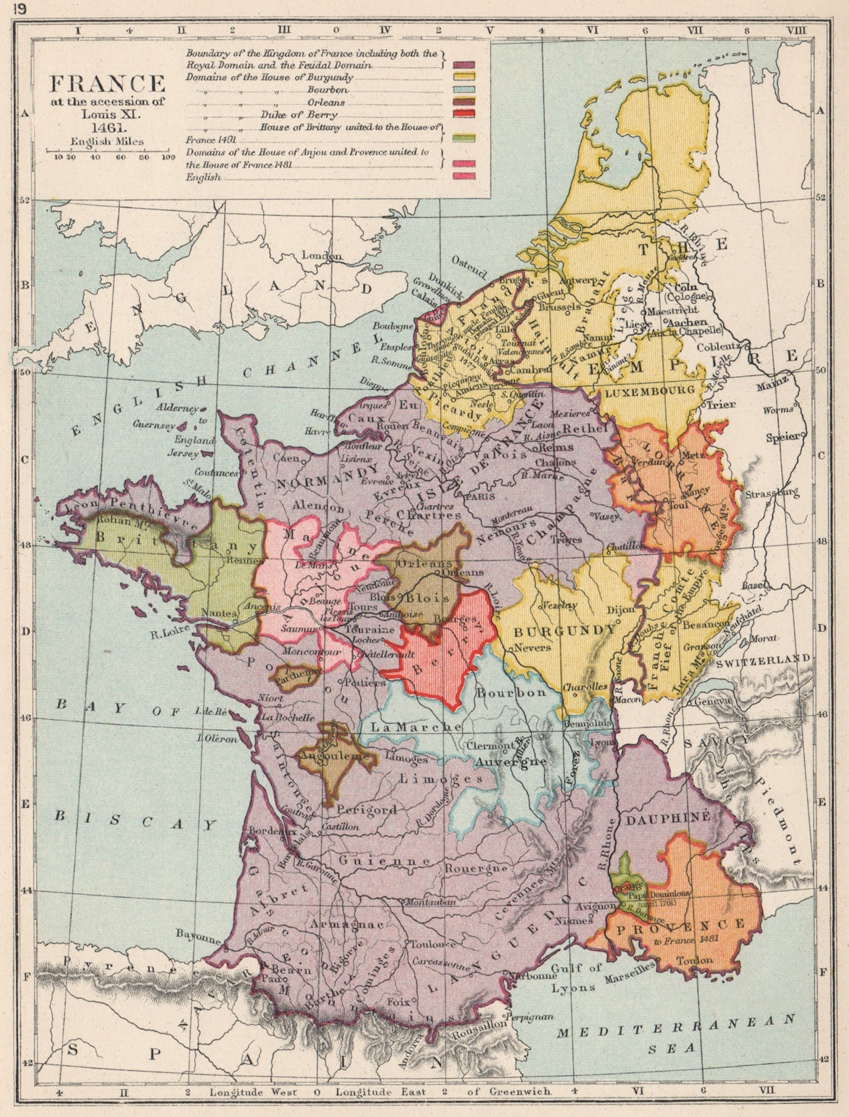 Associate Product FRANCE IN 1461. Burgundy Bourbon Orleans Brittany Anjou Berry 1907 old map