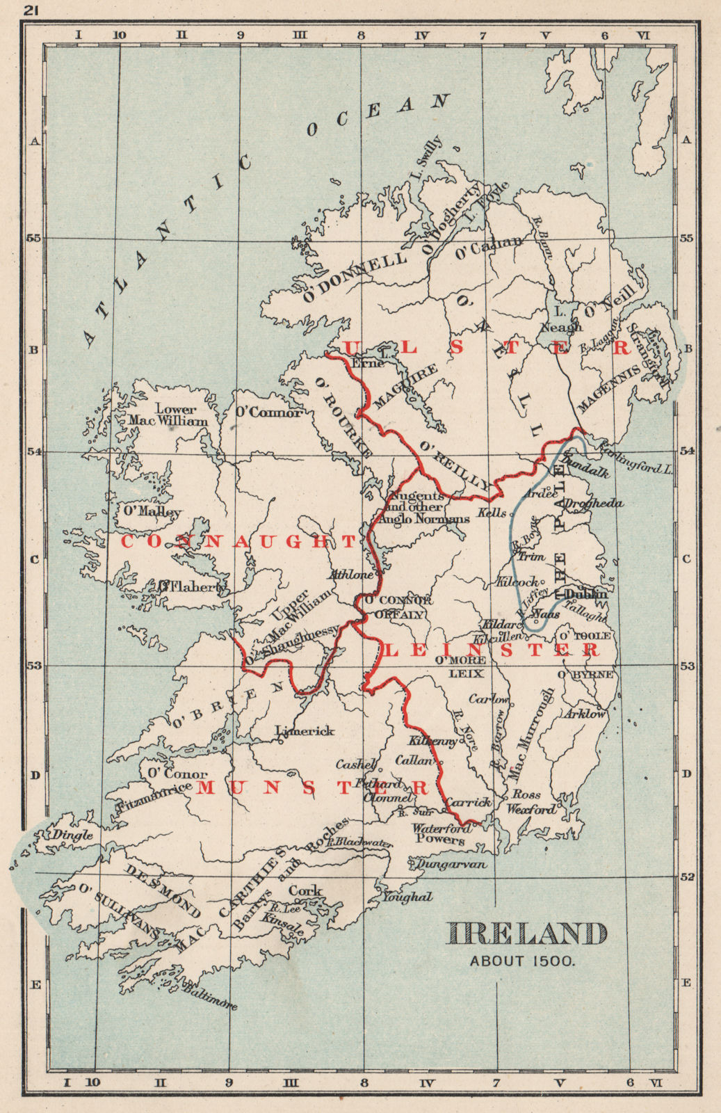 IRELAND IN 1500. Showing clan names kingdoms "The Pale" provinces 1907 old map