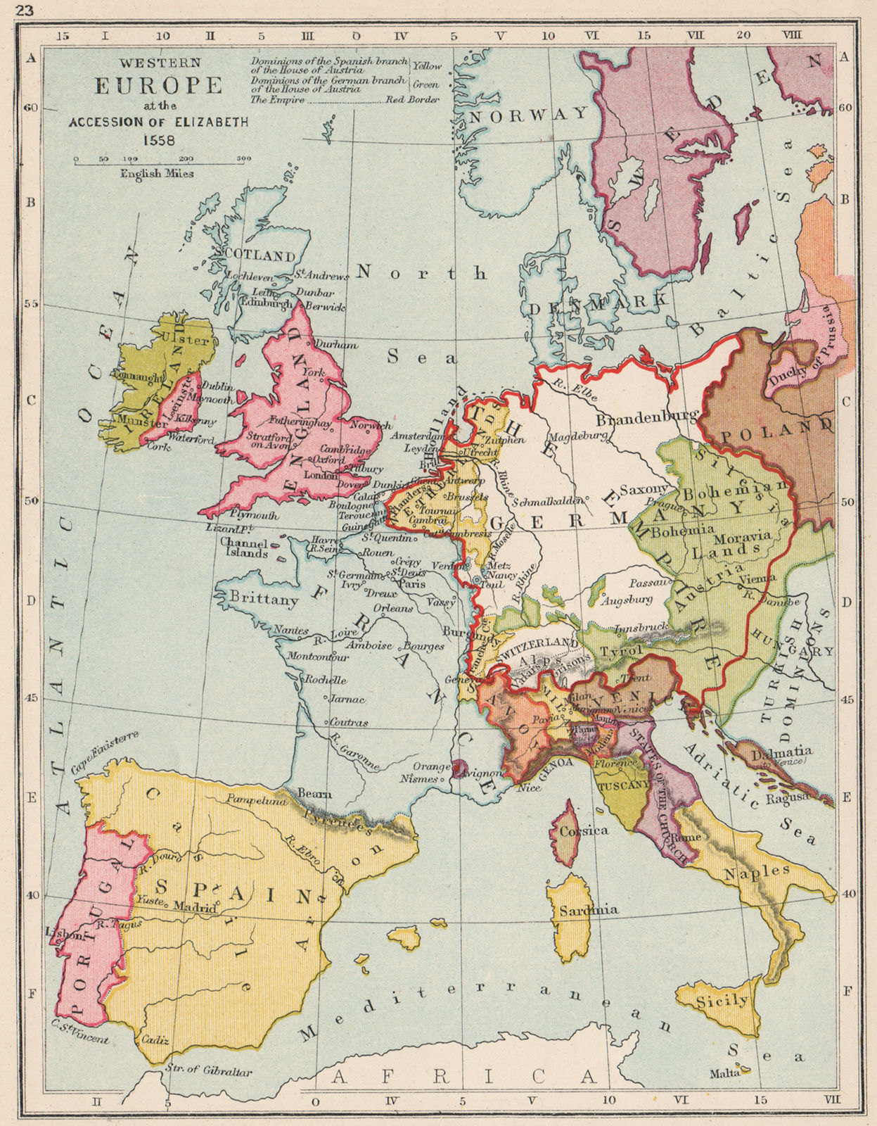 Associate Product HOLY ROMAN EMPIRE 1558. Western Europe. Accession of Elizabeth I 1907 old map