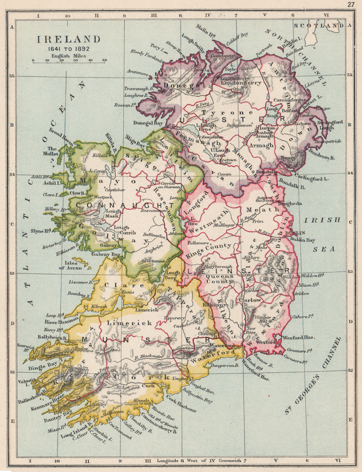 IRELAND 1641 TO 1892. showing counties provinces 1907 old antique map chart