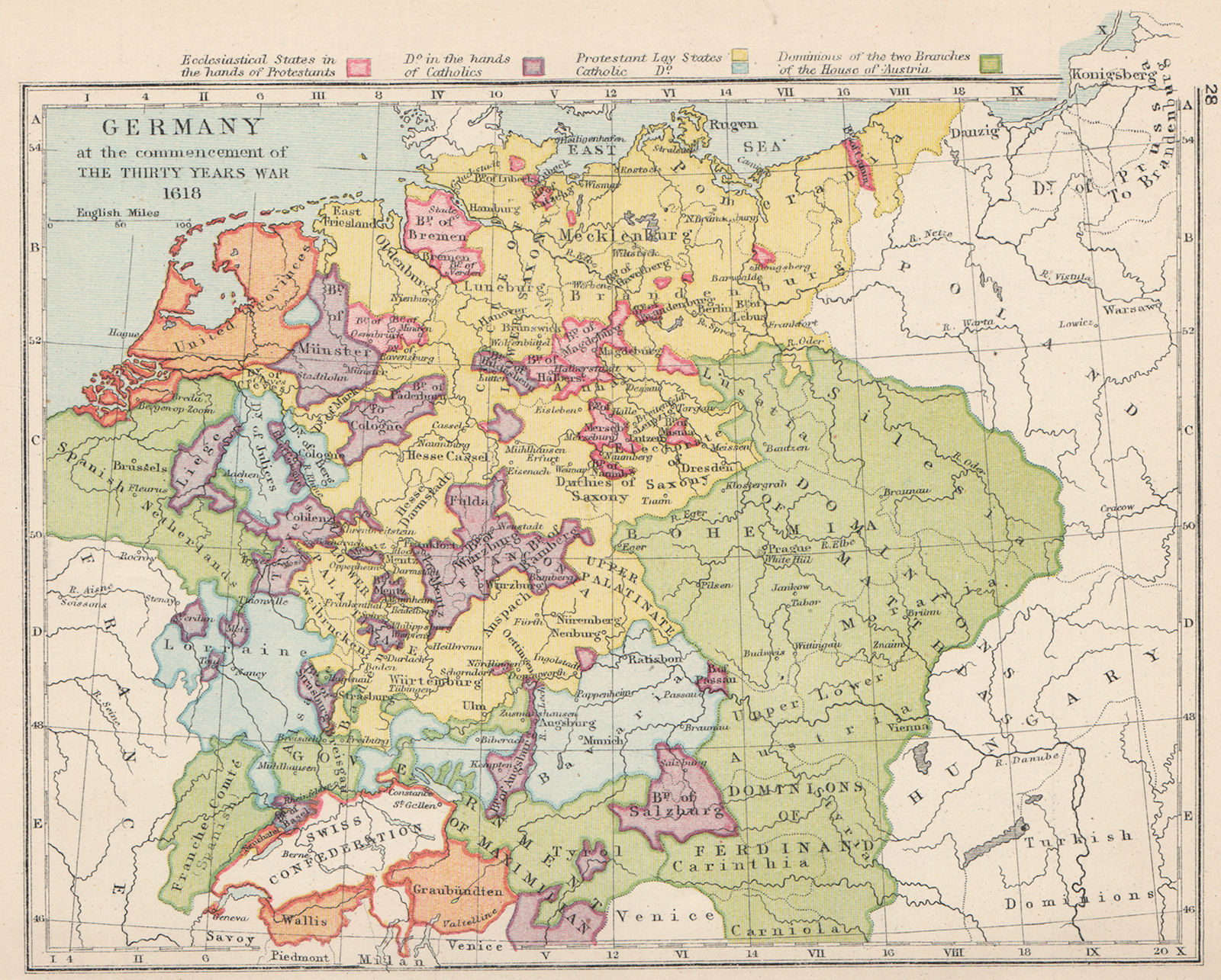 GERMANY 1618. 30 years war. Protestant & Catholic states 1907 old antique map