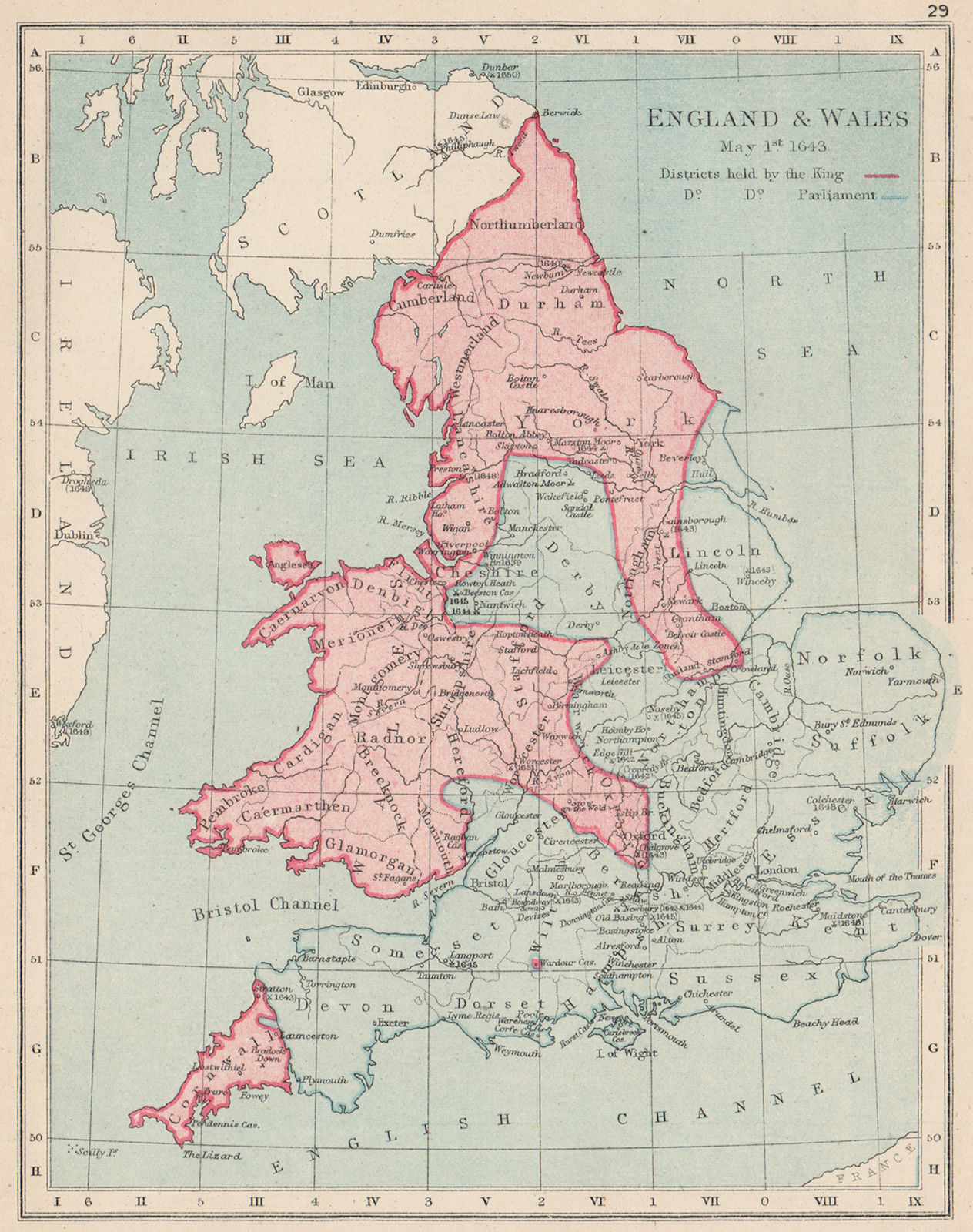 Associate Product ENGLISH CIVIL WAR MAY 1643.King(red)Parliament(blue).Battles/dates 1907 map