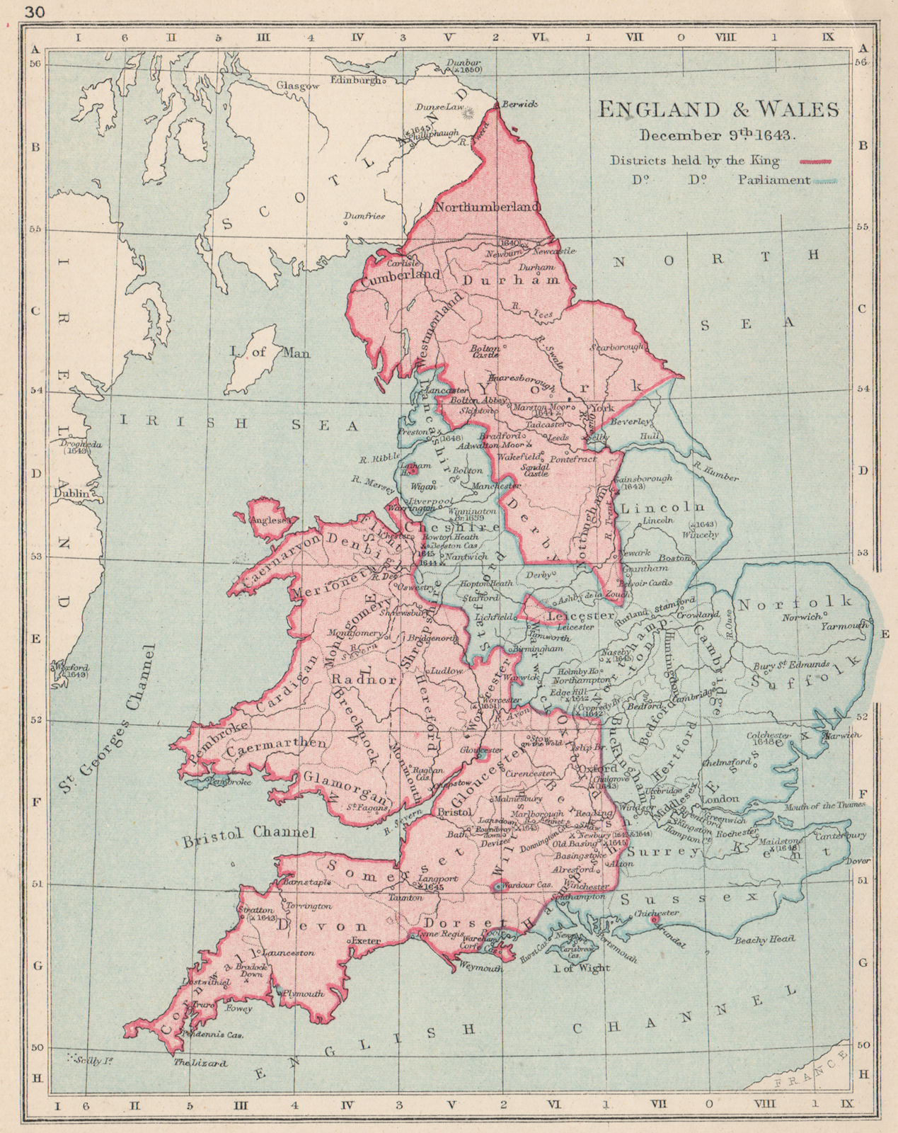 Associate Product ENGLISH CIVIL WAR DEC 1643.King(red)Parliament(blue).Battles/dates 1907 map