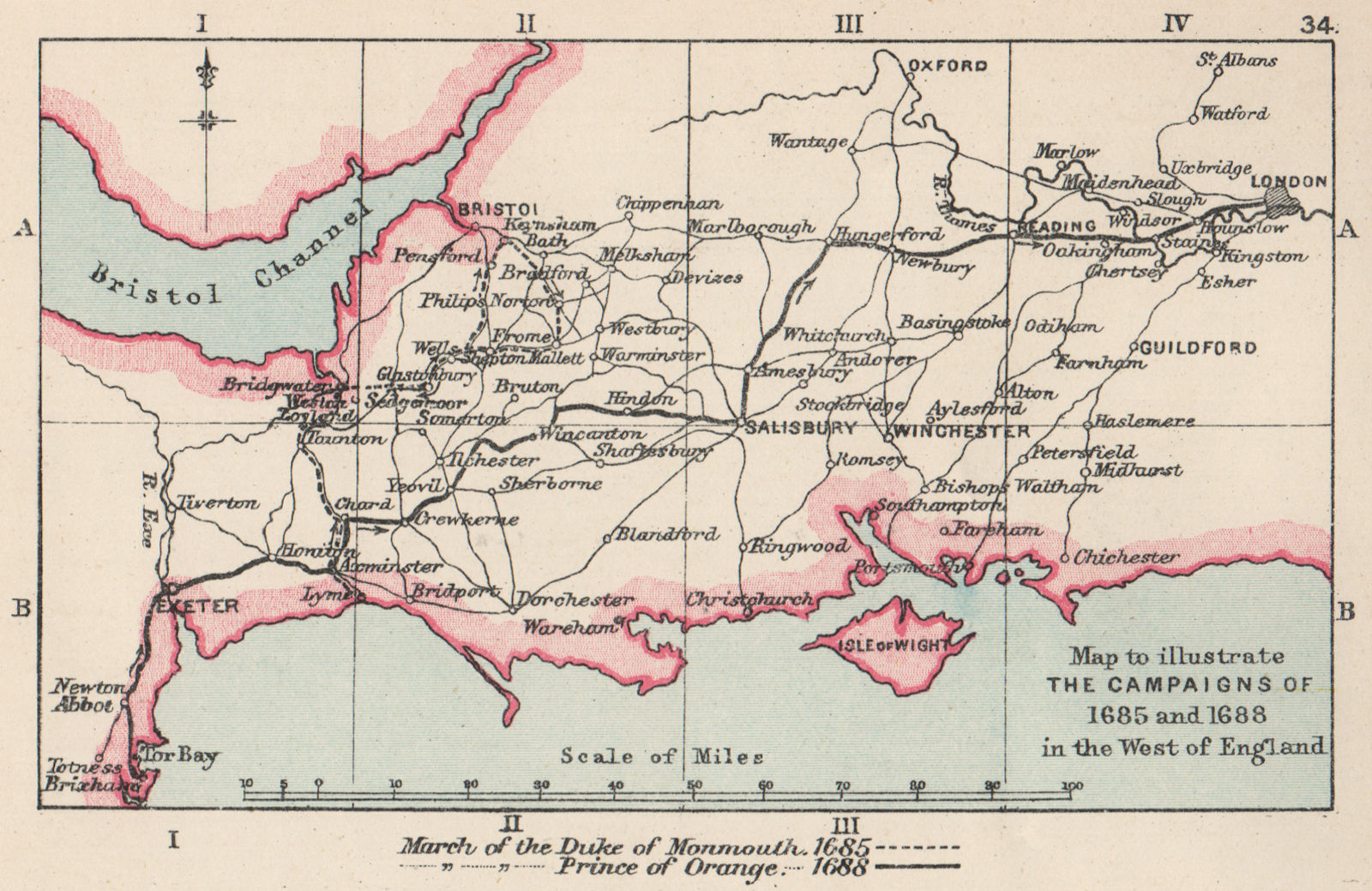 GLORIOUS REVOLUTION 1688. William of Orange. Monmouth rebellion 1685 1907 map