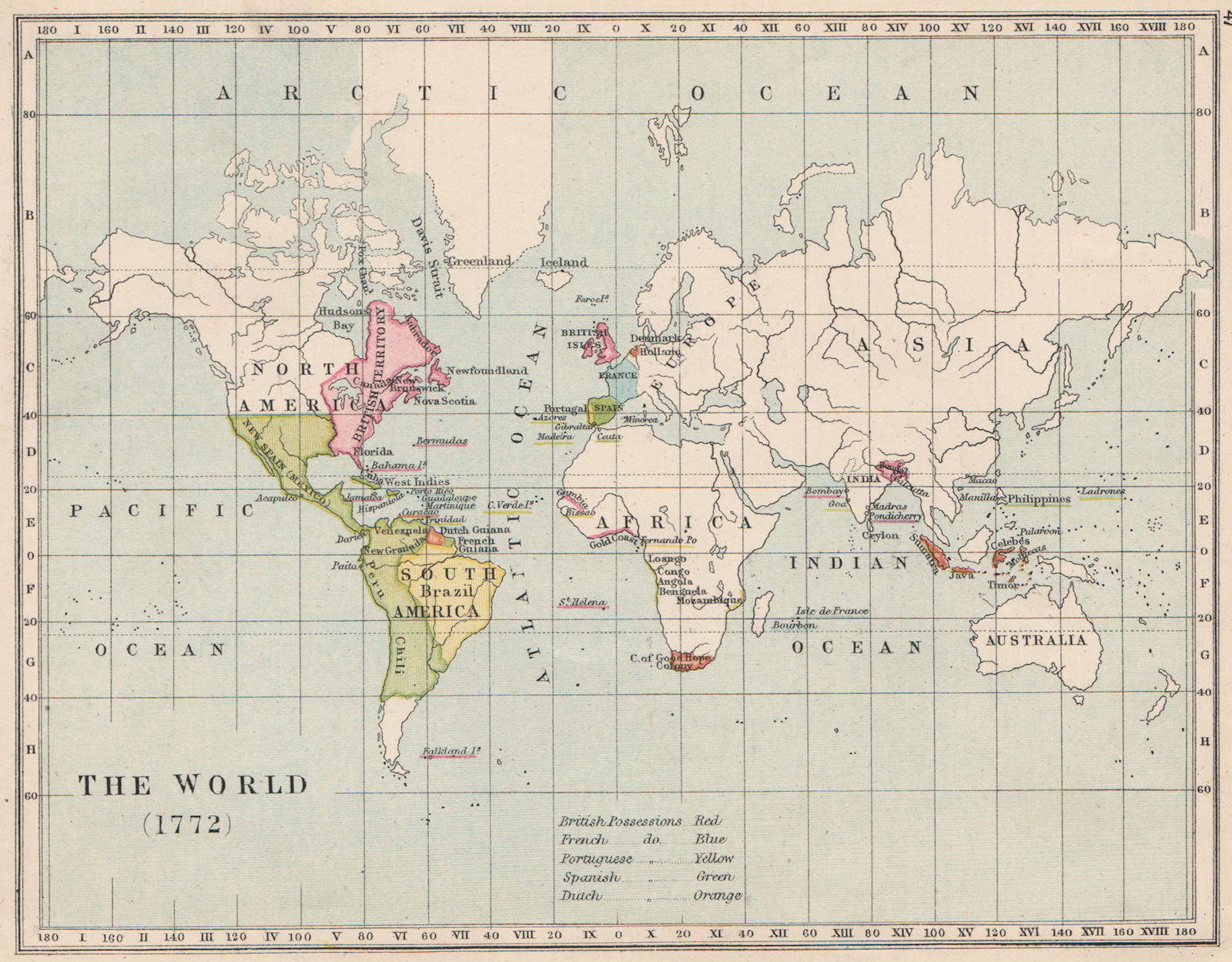 Associate Product EUROPEAN EMPIRES IN 1772. British French Spanish Portuguese Dutch 1907 old map