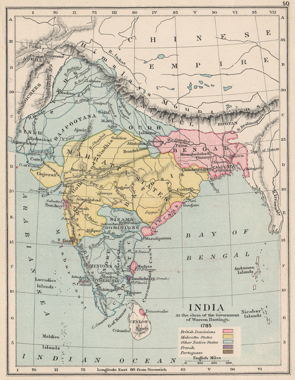 INDIA IN 1785. British (Pink) . Mahratta states. Warren Hastings 1907 old map