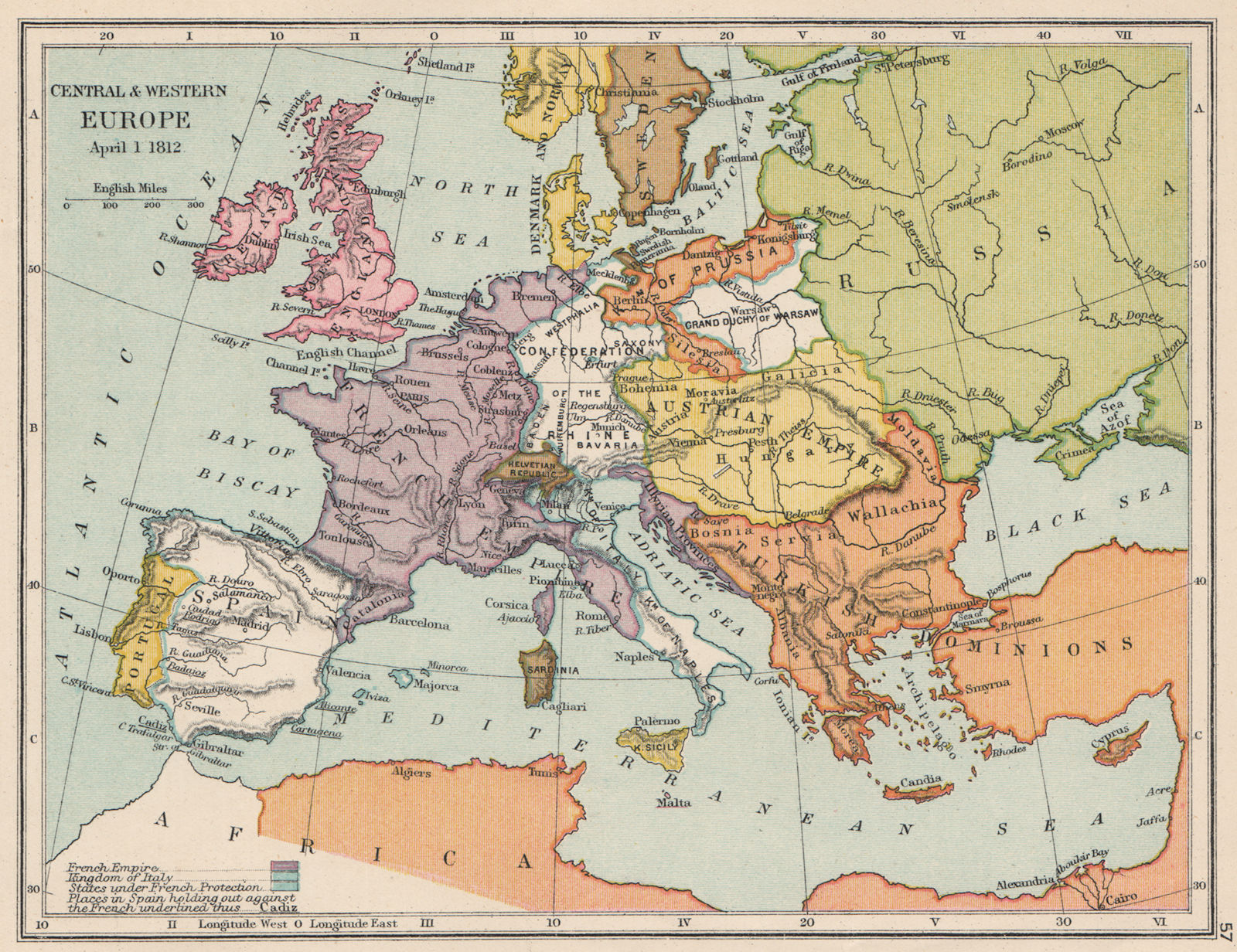 Associate Product EUROPE 1812. French Empire. Helvetian Republic. Rhine Confederation 1907 map