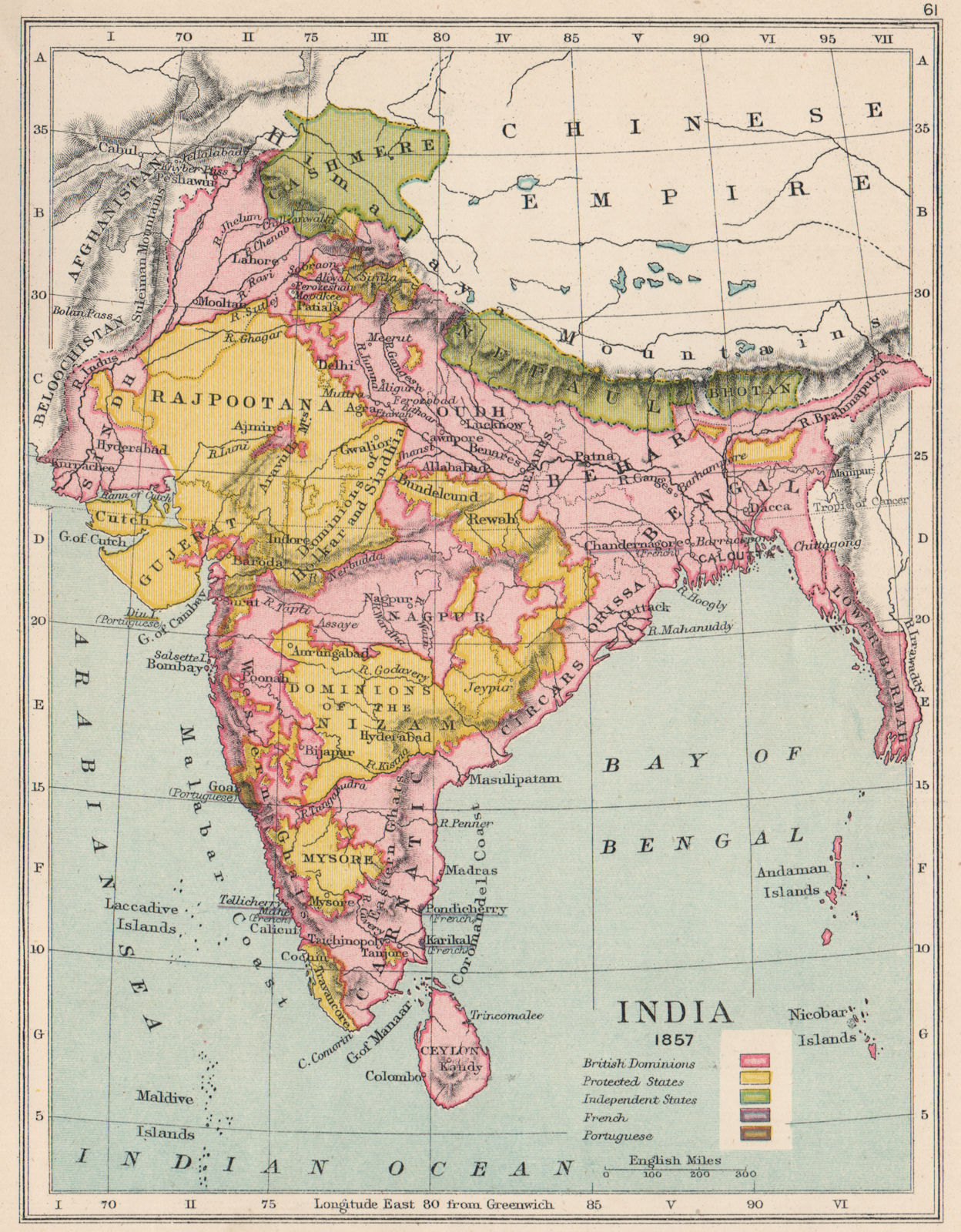 BRITISH INDIA 1857. Independent Kashmir. Protected states (yellow)  1907 map