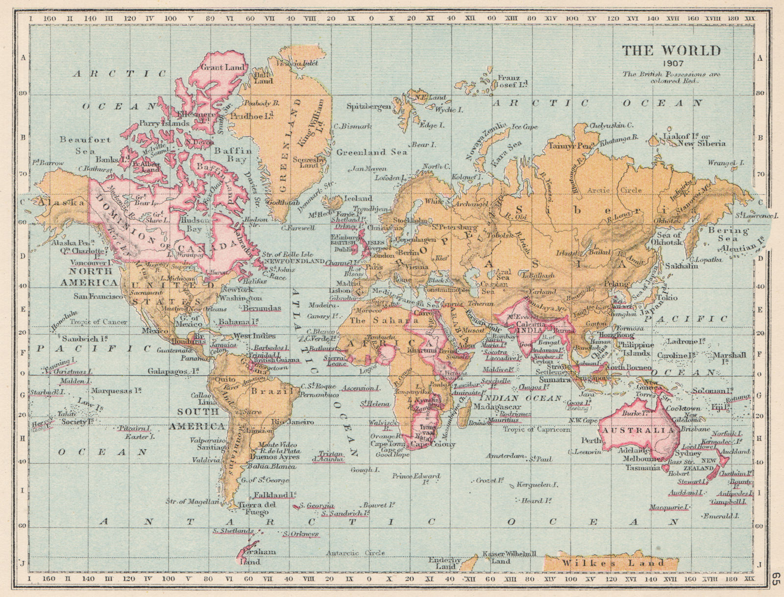 BRITISH EMPIRE 1907. British possessions shown in red. World 1907 old map