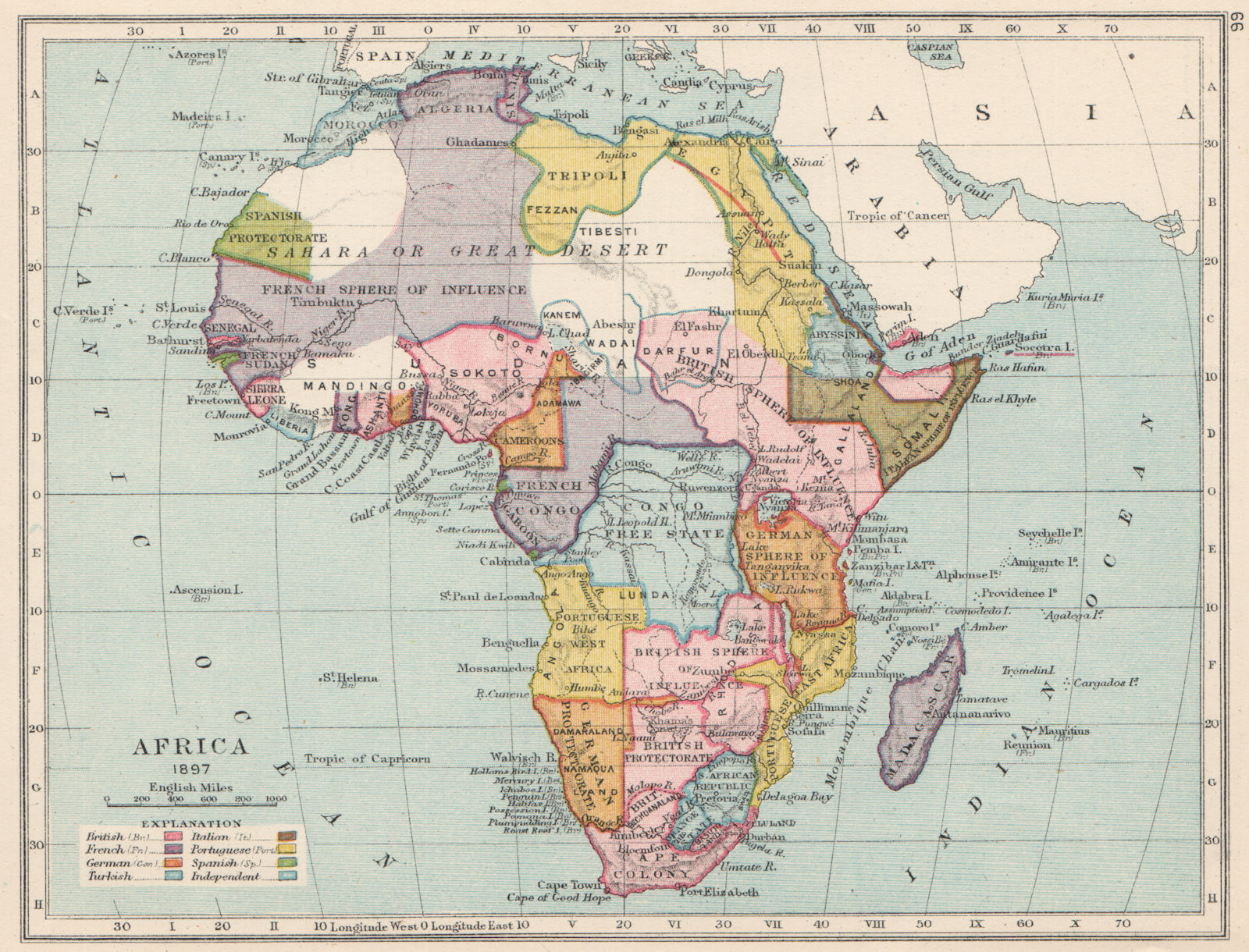 COLONIAL AFRICA 1897. Showing colonies & spheres of influence 1907 old map