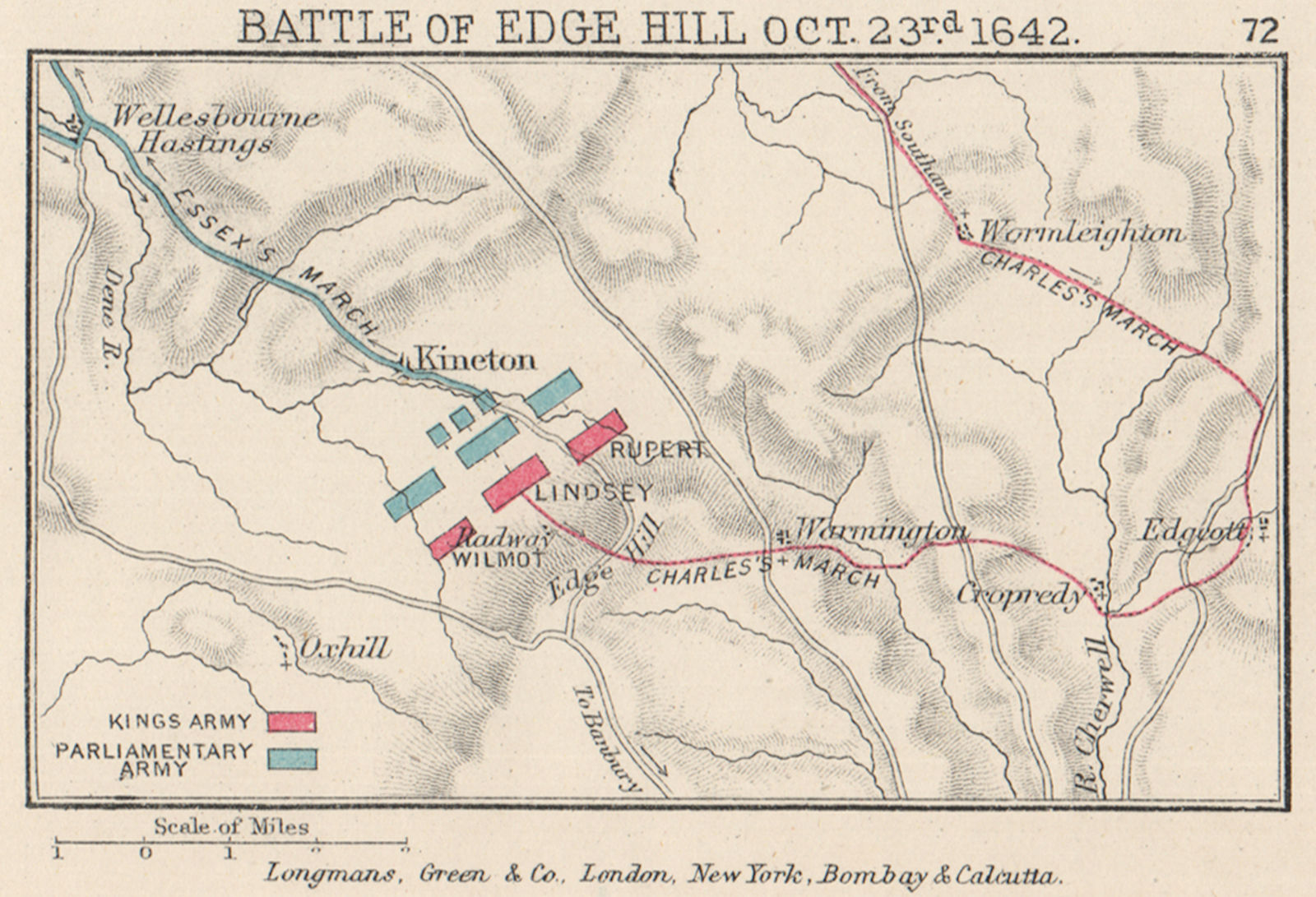 ENGLISH CIVIL WAR.Battle of Edge Hill.Oct 1642.King v Parliament. SMALL 1907 map