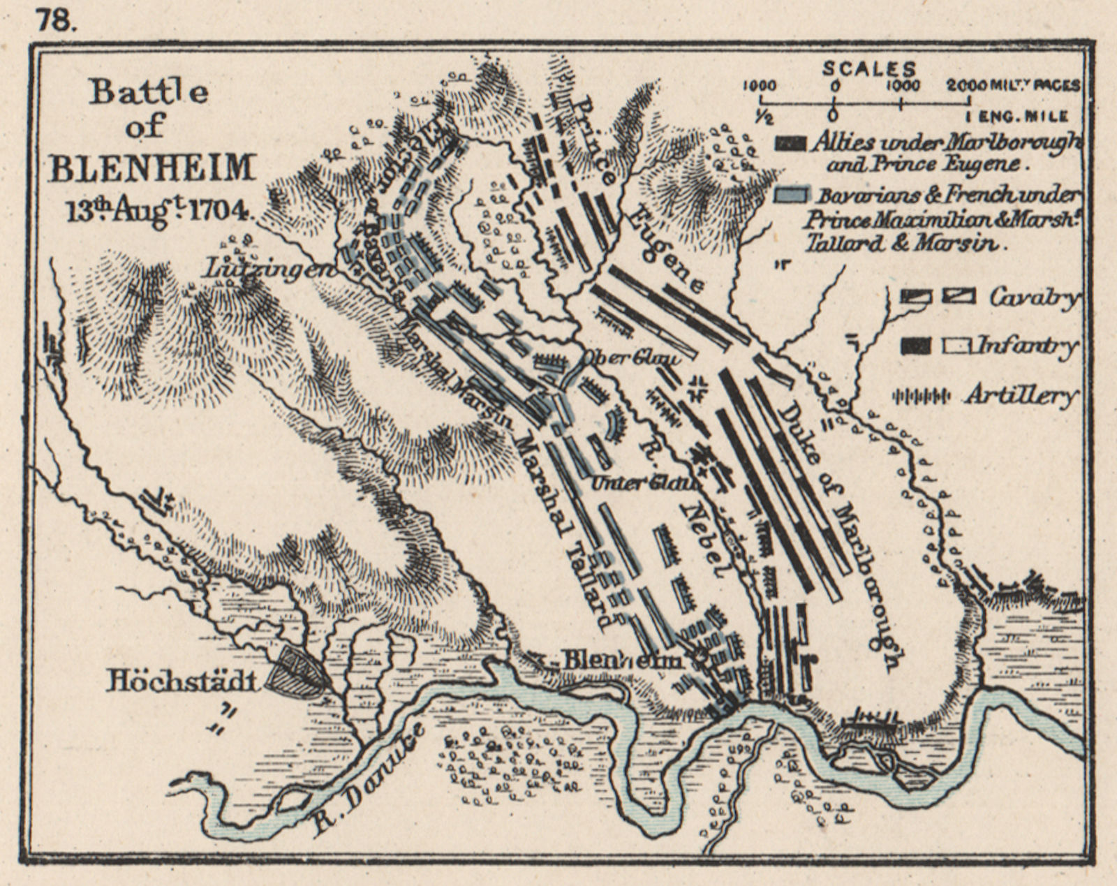 Associate Product WAR OF SPANISH SUCCESSION. Battle of Blenheim 13th Aug. 1704. SMALL 1907 map