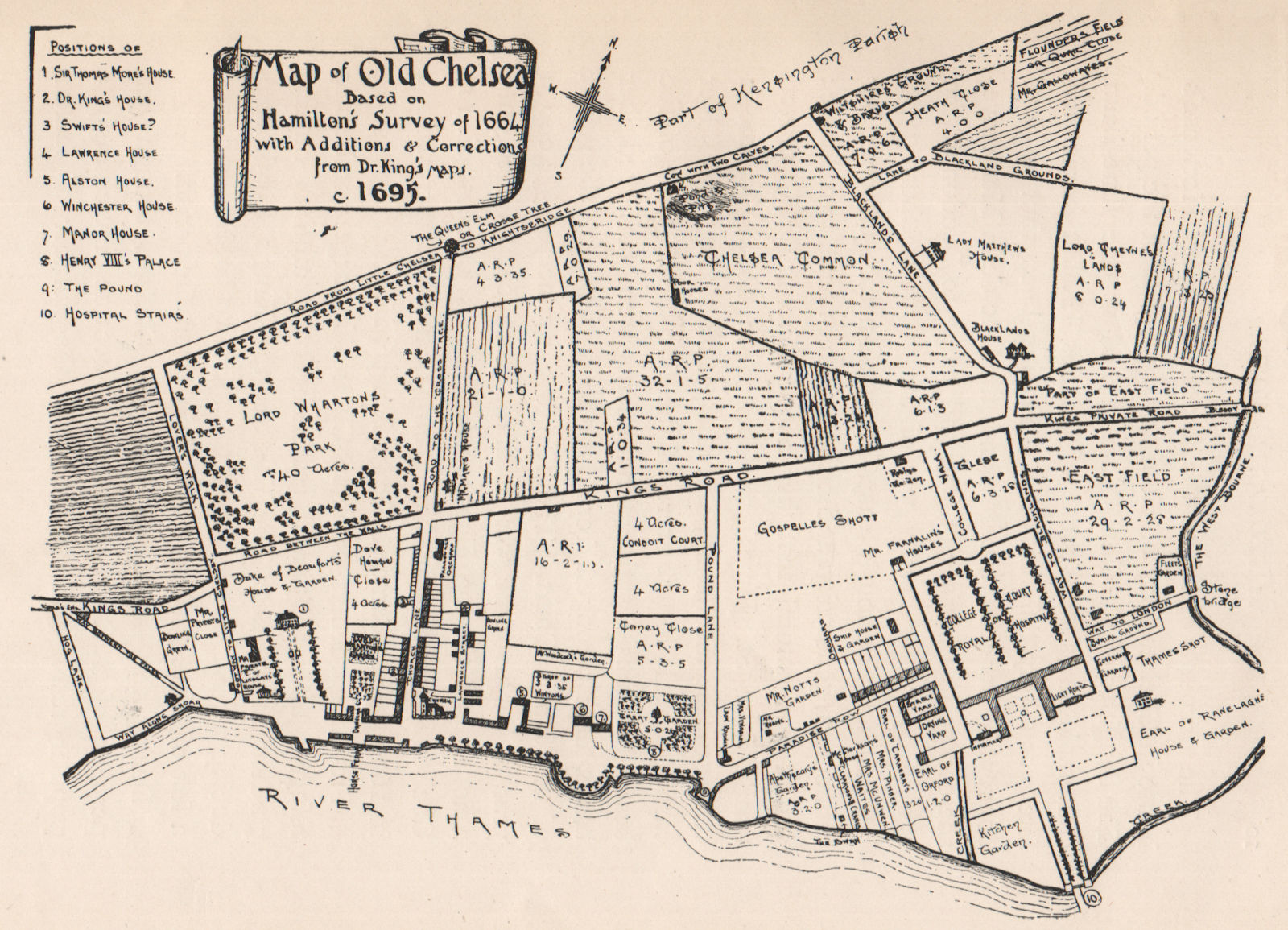 OLD CHELSEA. Map based on Hamilton's 1664 survey. SMALL 1900 antique