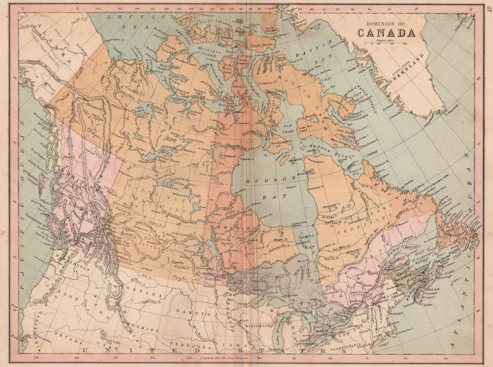 CANADA. Most of Quebec shown as "North East Territory". COLLINS 1880 old map