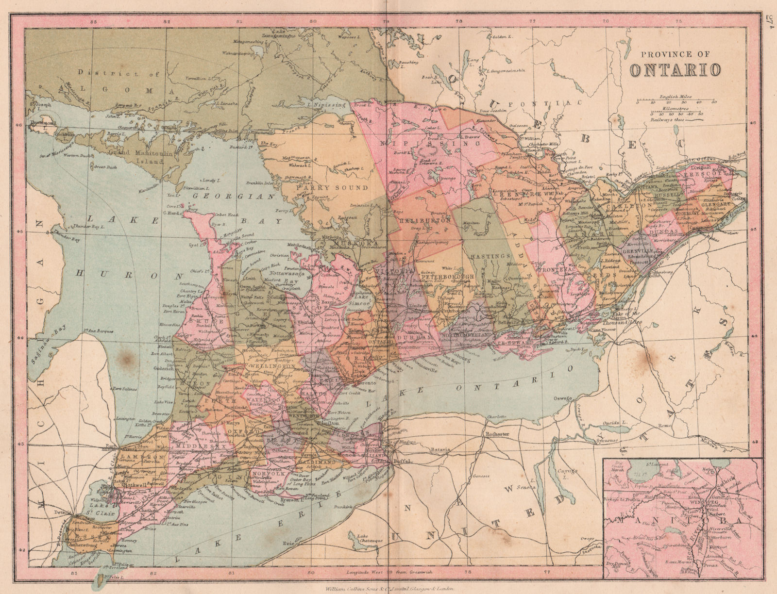 Associate Product ONTARIO. Showing counties. Great Lakes Erie Huron. COLLINS 1880 old map