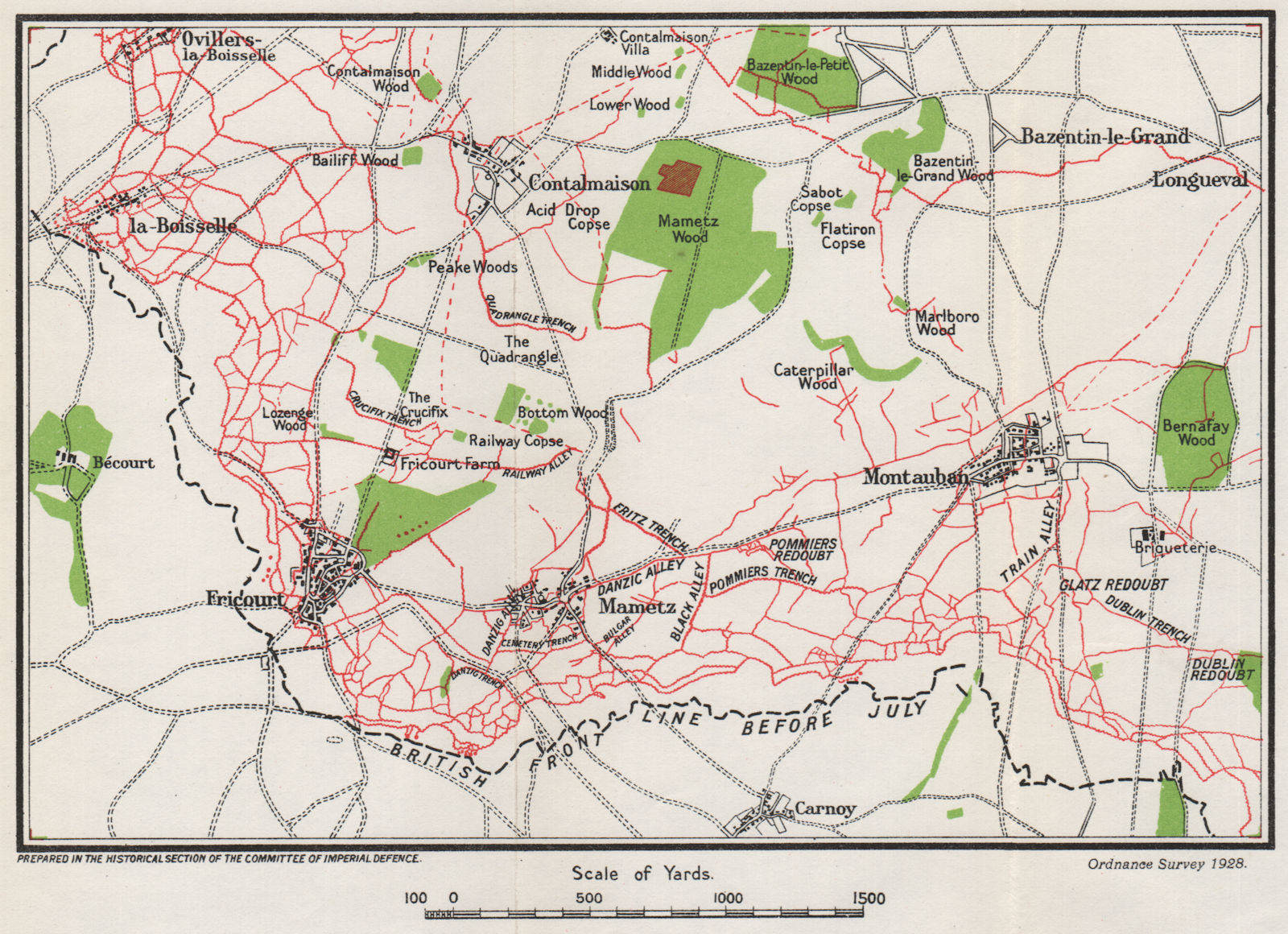 Associate Product WW1 WESTERN FRONT. British right attacks, July 1916. Trenches in red 1928 map