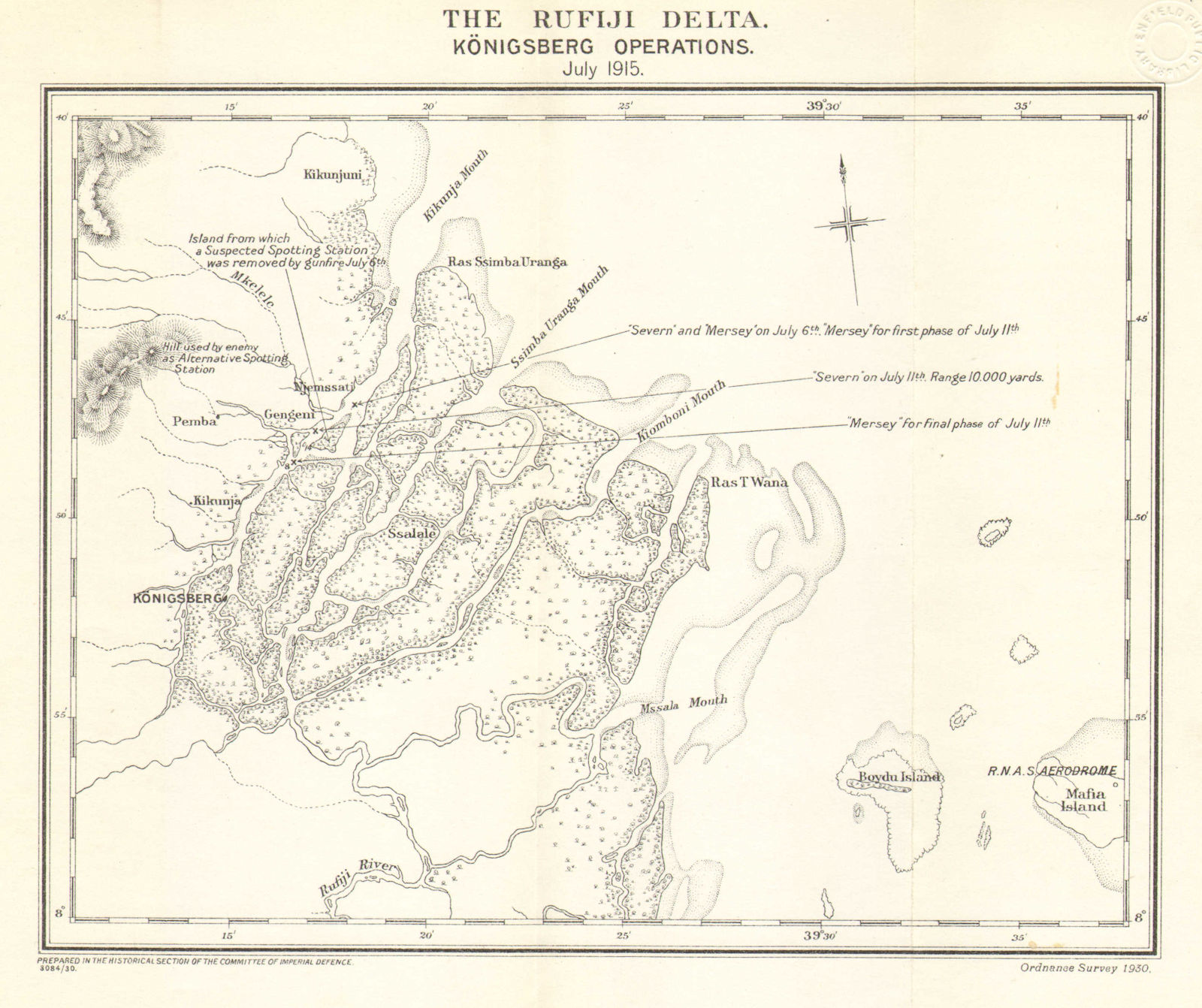 BATTLE OF RUFIJI DELTA 1915.Konigsberg. German East Africa.Tanzania.WW1 1931 map
