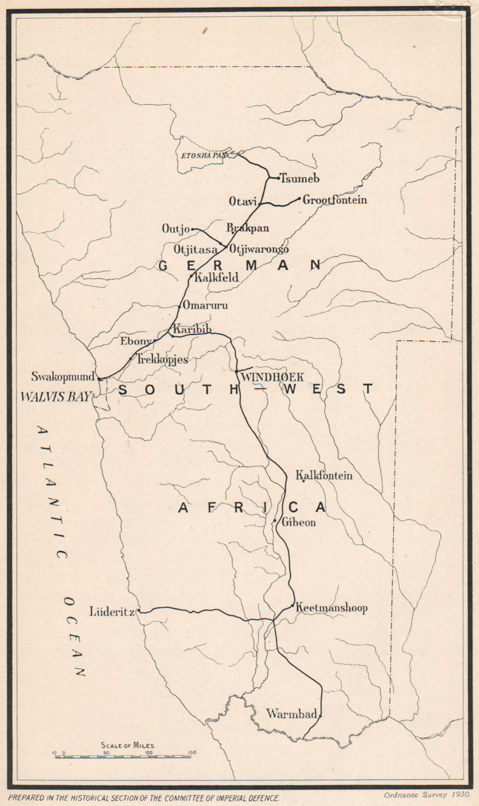 NAMIBIA. German South-West Africa. First World war. Communications 1931 map