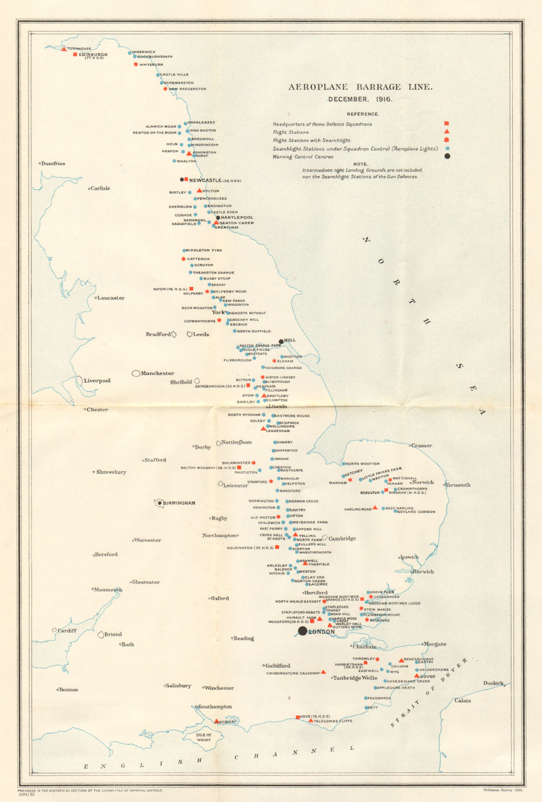 FIRST WORLD WAR. England Aeroplane Barrage line, December 1916 1931 old map