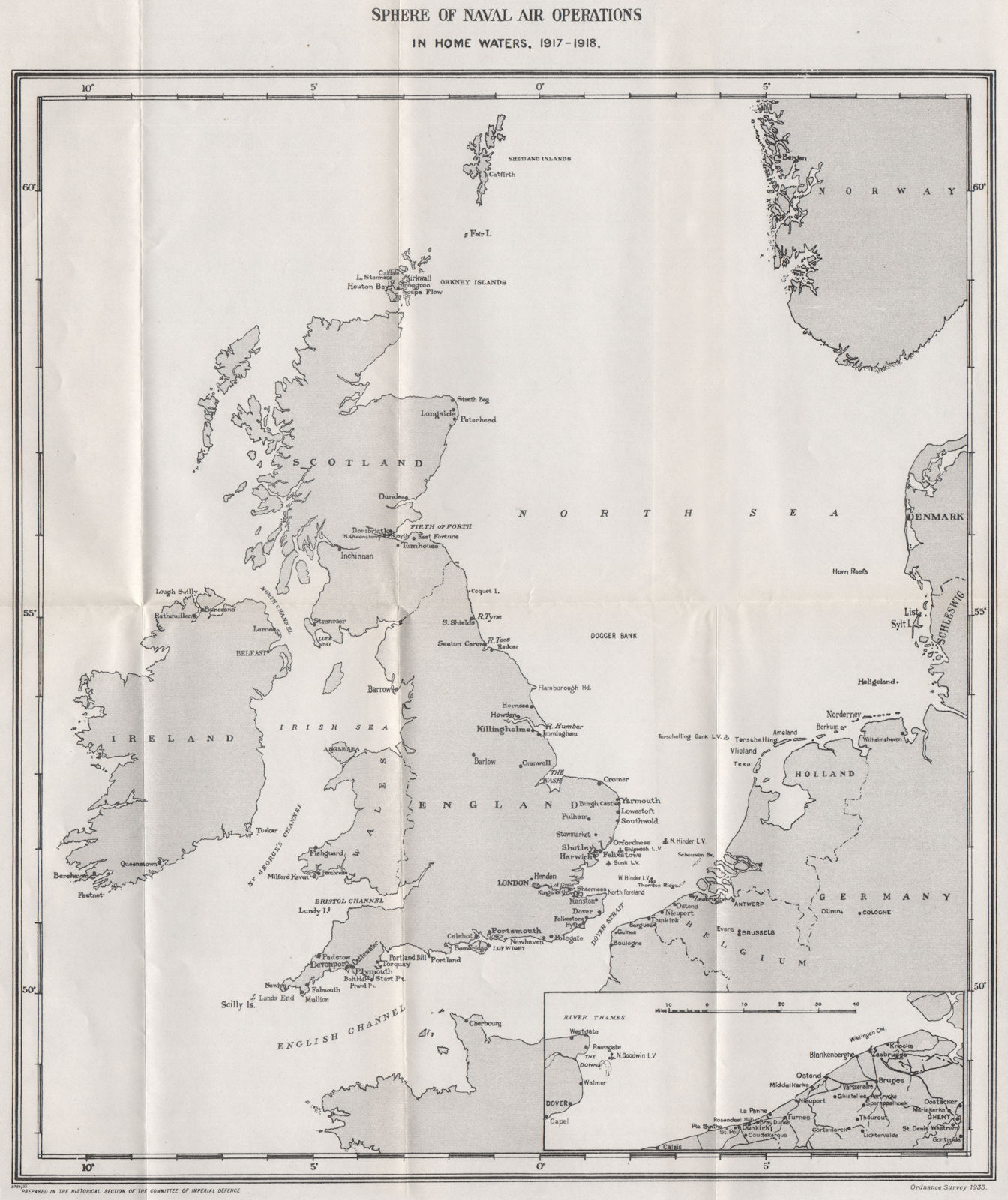 Associate Product FIRST WORLD WAR.Sphere of Naval Air operations in home waters,1917-1918 1934 map