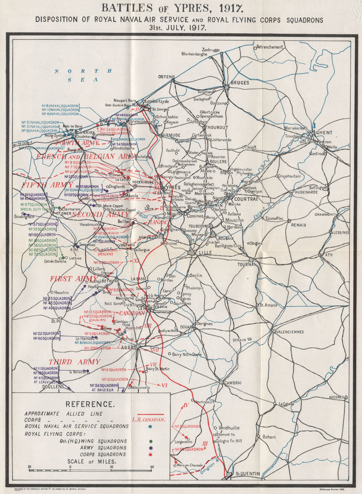 Associate Product WW1 WESTERN FRONT. Battles of Ypres July 1917. RNAS & RFC Squadrons 1934 map