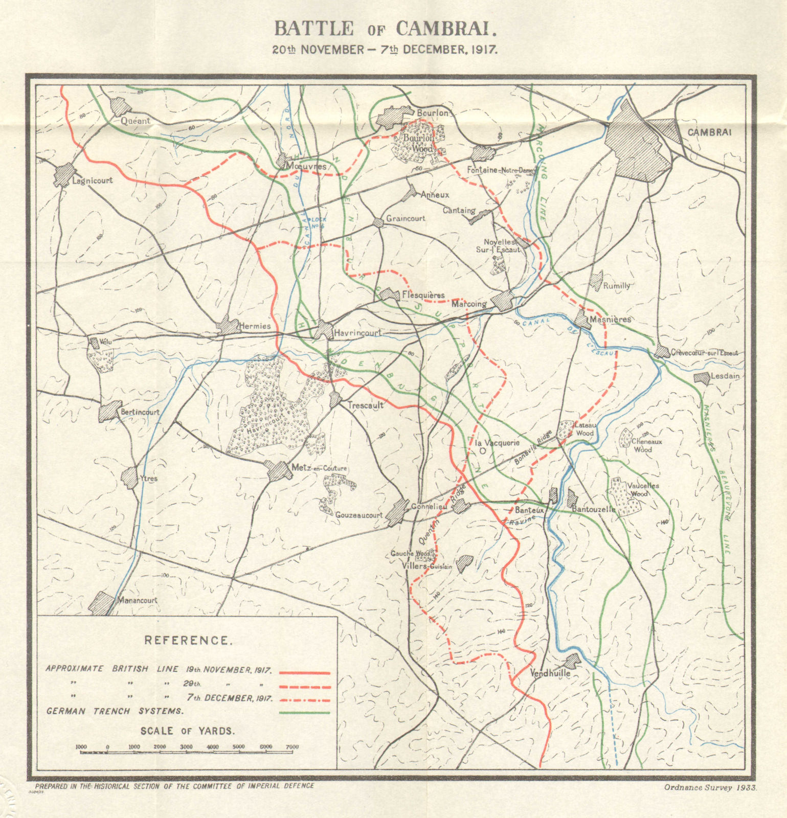 WW1 WESTERN FRONT. Battle of Cambrai, 20 Nov-7 Dec 1917. Trenches 1934 old map