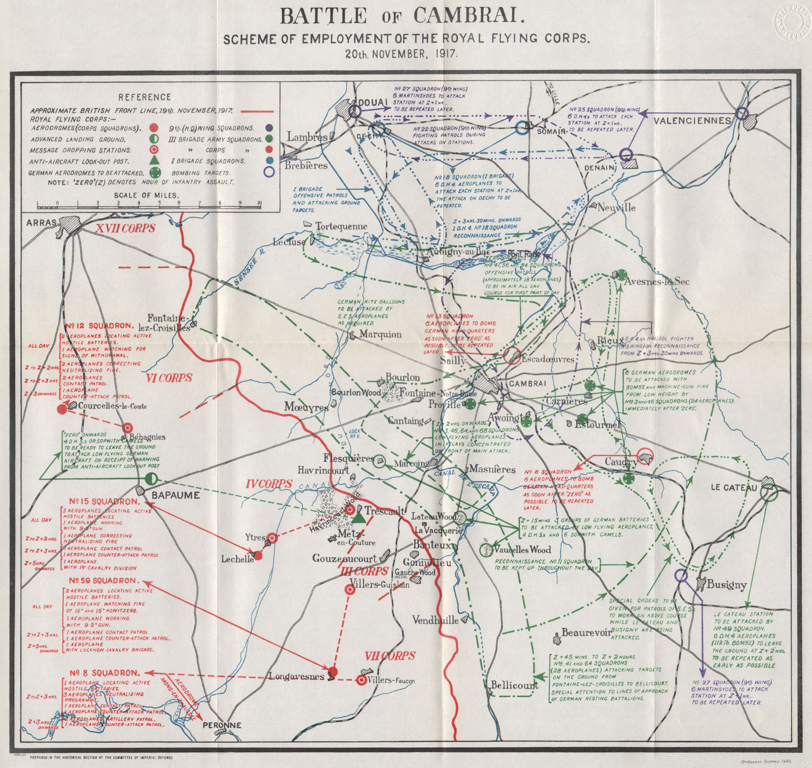 WW1 WESTERN FRONT. Battle of Cambrai. Royal Flying Corps 20 Nov 1917 1934 map
