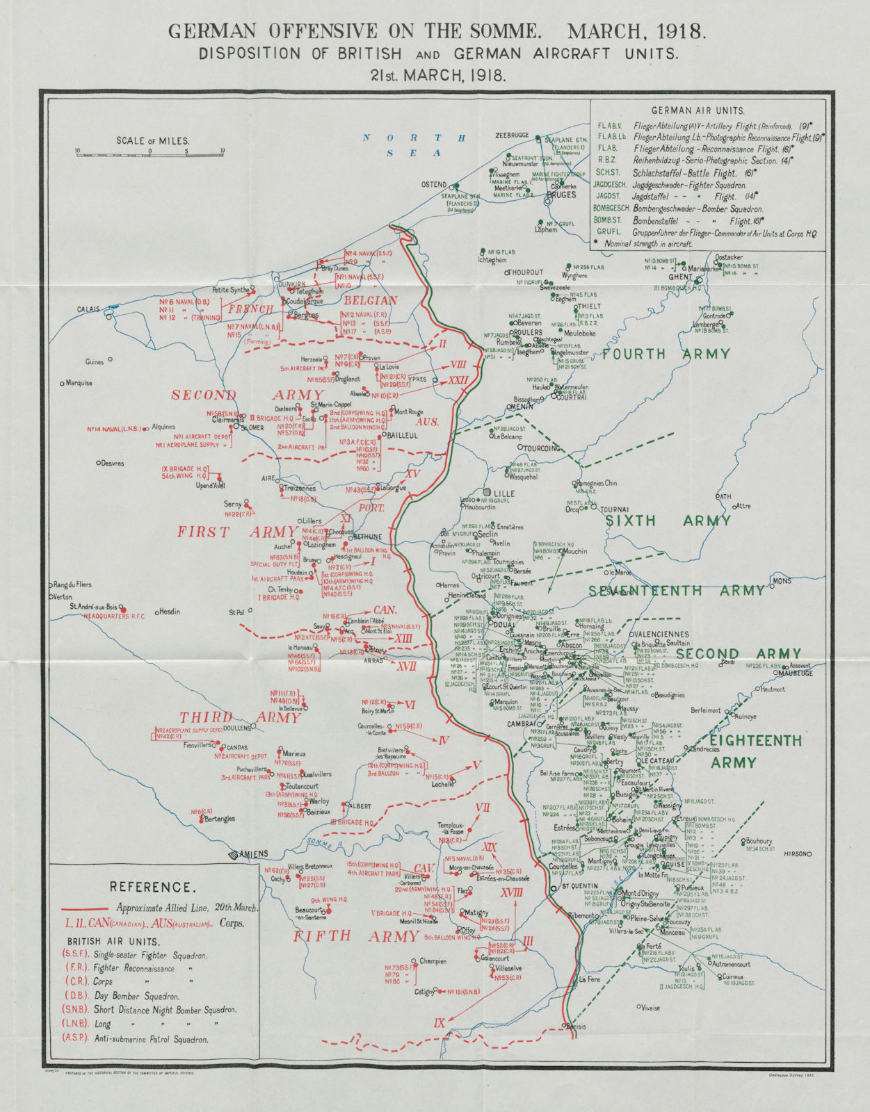 Associate Product WW1 German Somme Offensive. British German aircraft units 21 March 1918 1934 map