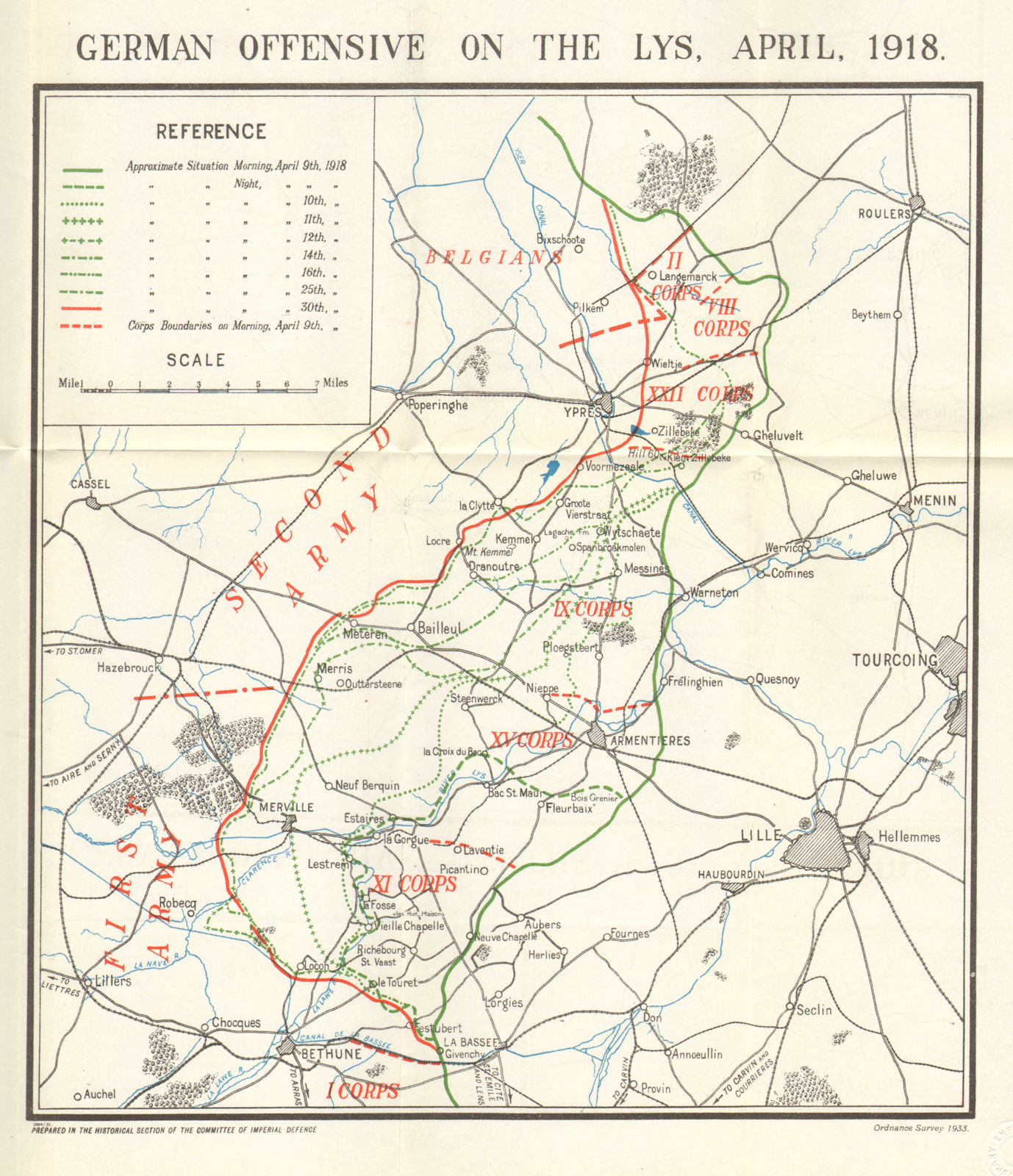 Associate Product WW1 WESTERN FRONT. German offensive on the Lys, April 1918 1934 old map