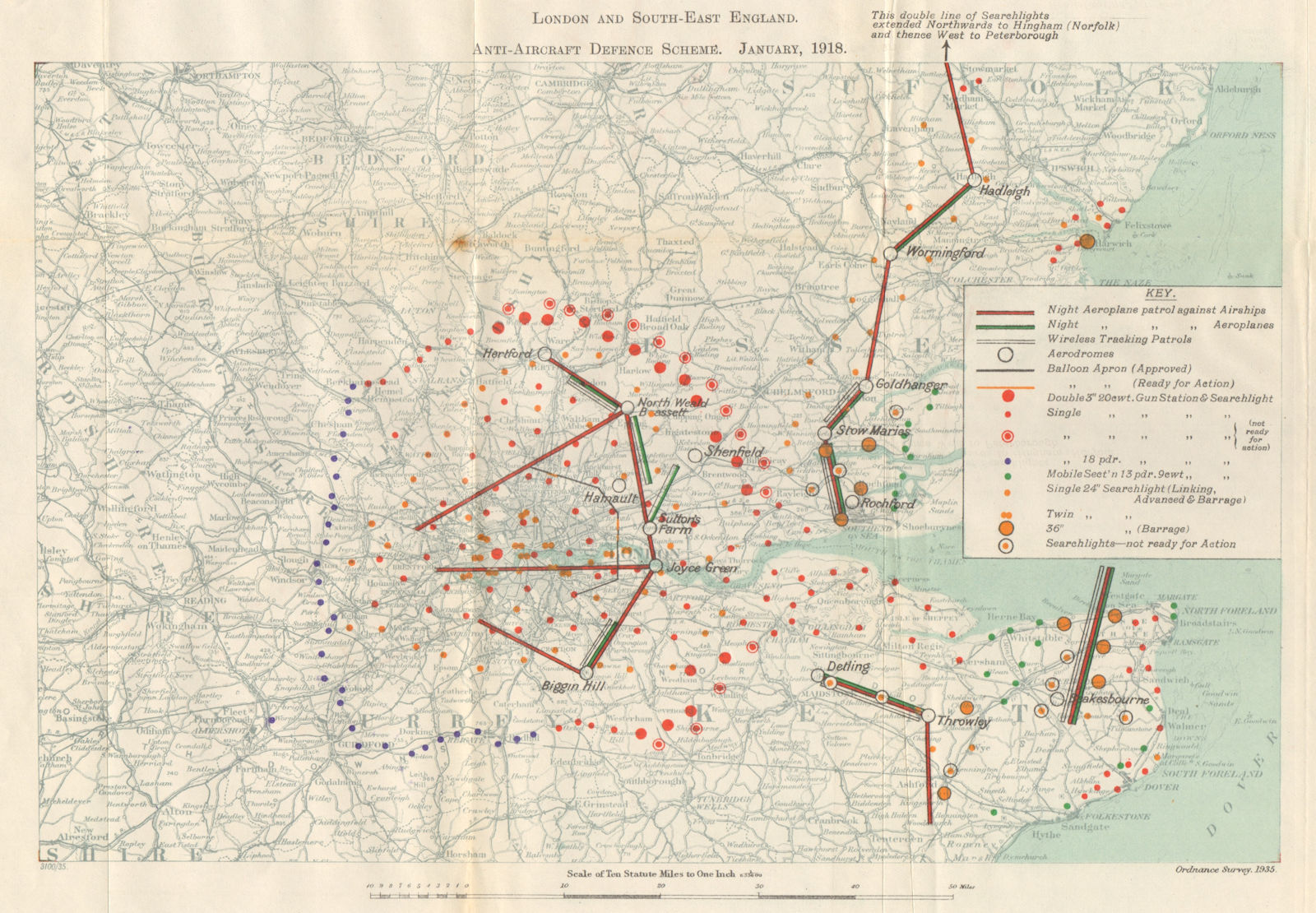 FIRST WORLD WAR London & South-East England Anti-Aircraft defences 1918 1935 map