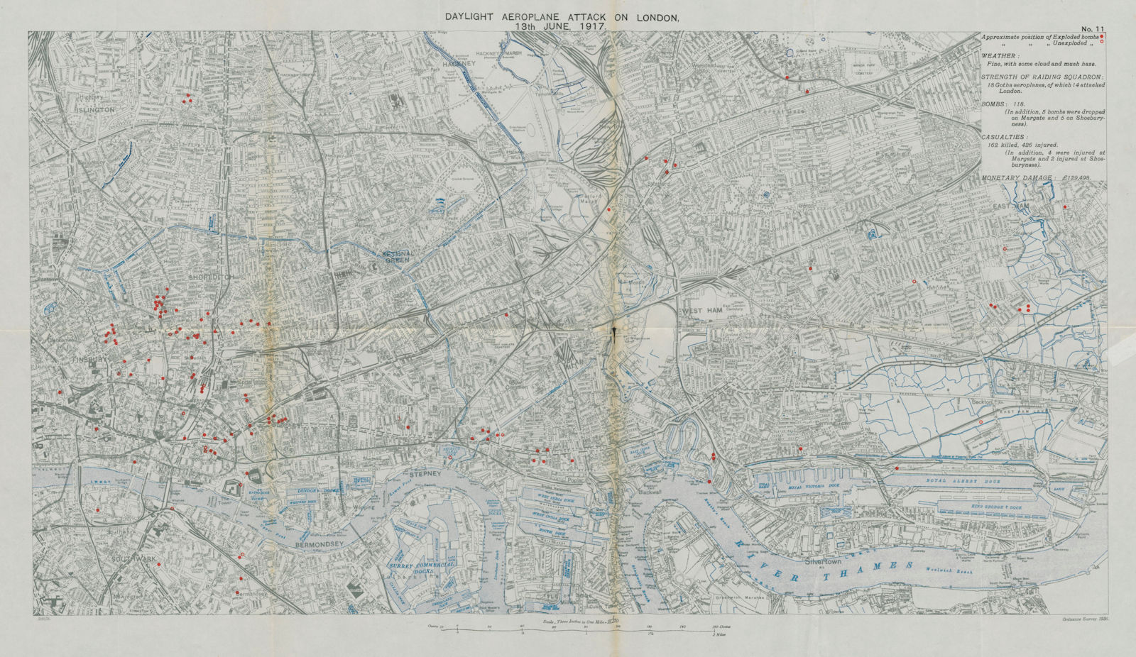 Daylight aeroplane attack on London, 13th June 1917. City. Limehouse 1935 map