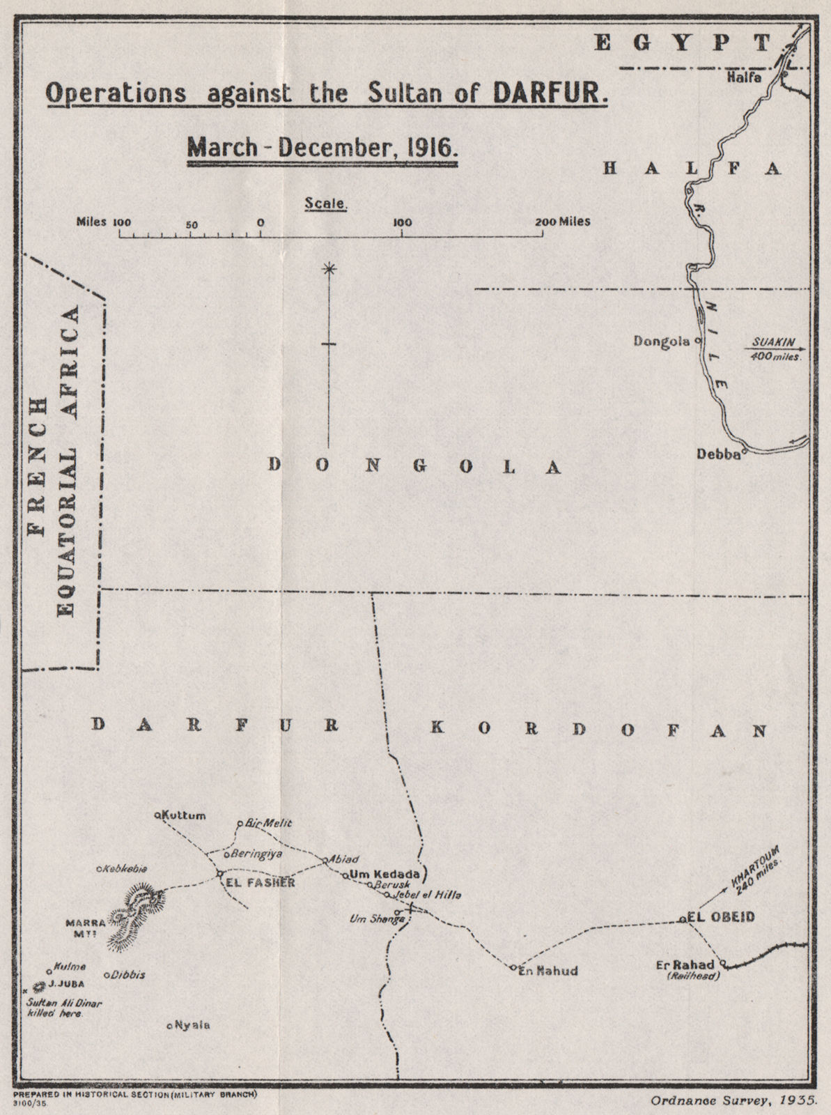 FIRST WORLD WAR. Anglo-Egyptian Darfur operation. Mar-Dec 1916. Sudan 1935 map