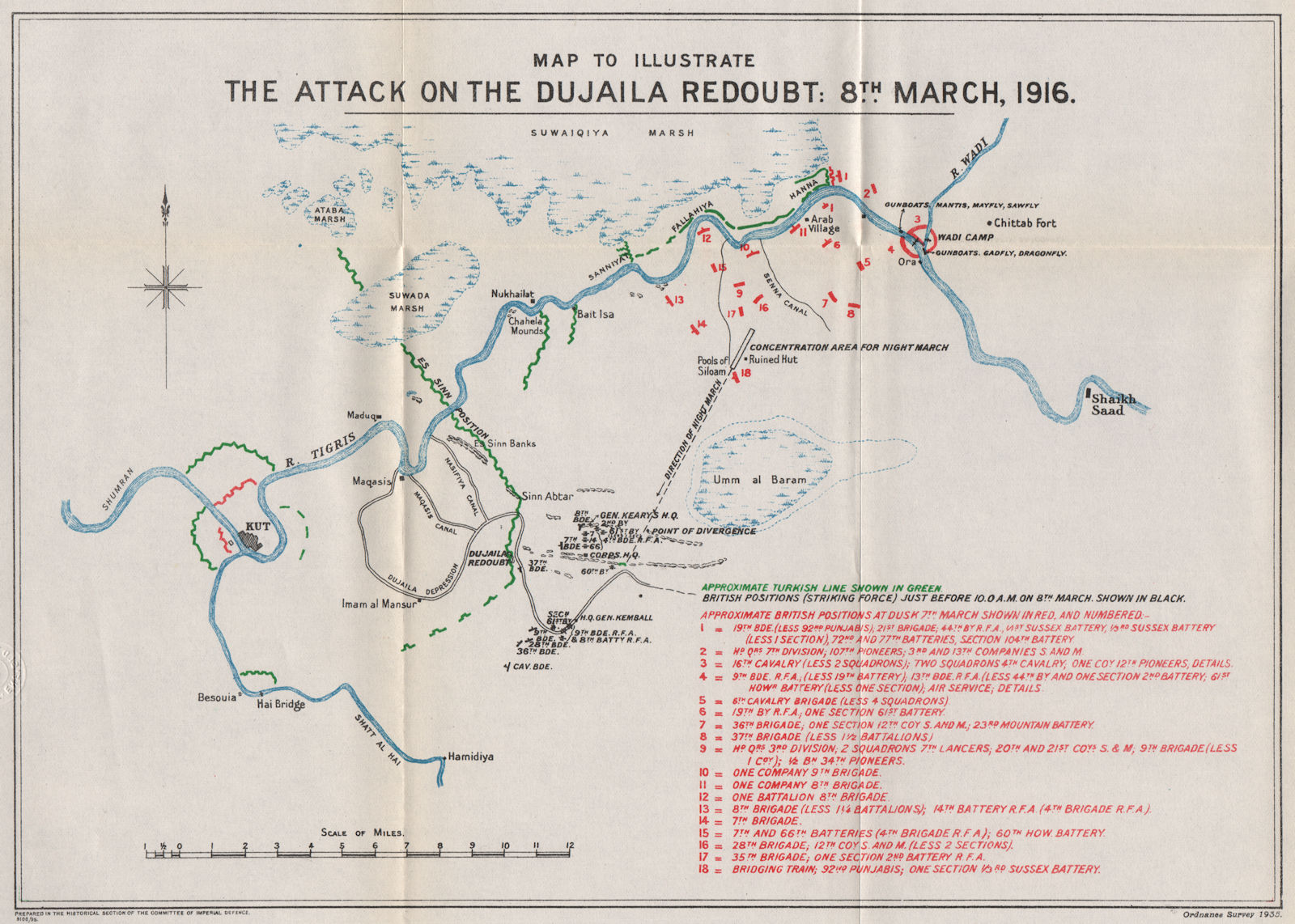 FIRST WORLD WAR. Battle of Dujaila, 8th March 1916. Mesopotamia. Iraq 1935 map