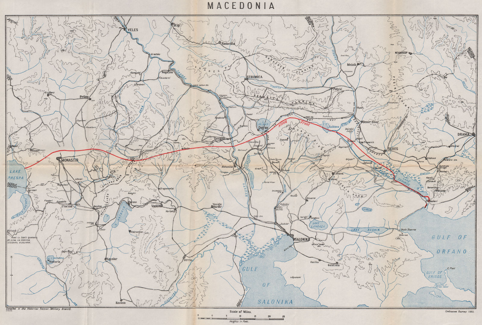 FIRST WORLD WAR. Macedonian Front. Allied Front line. Thessaloniki 1935 map