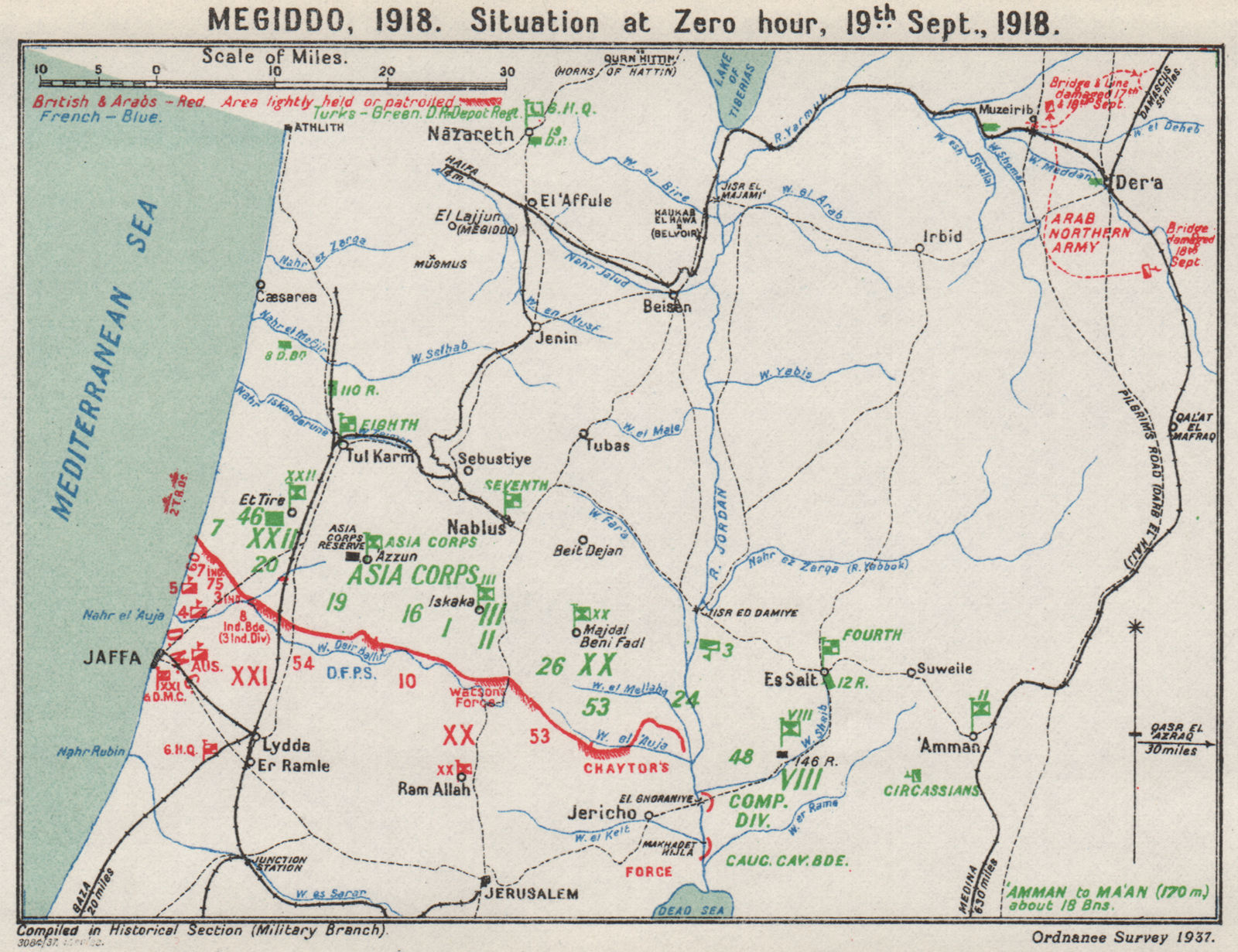 FIRST WORLD WAR. Battle of Megiddo, 19th Sept. 1918. Palestine 1937 old map