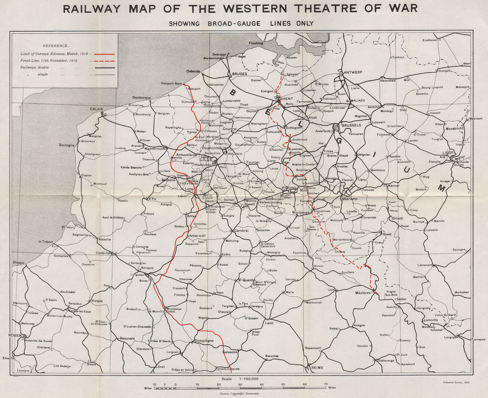 WW1 WESTERN FRONT. Railway map. Battles lines 1918 1937 old vintage chart