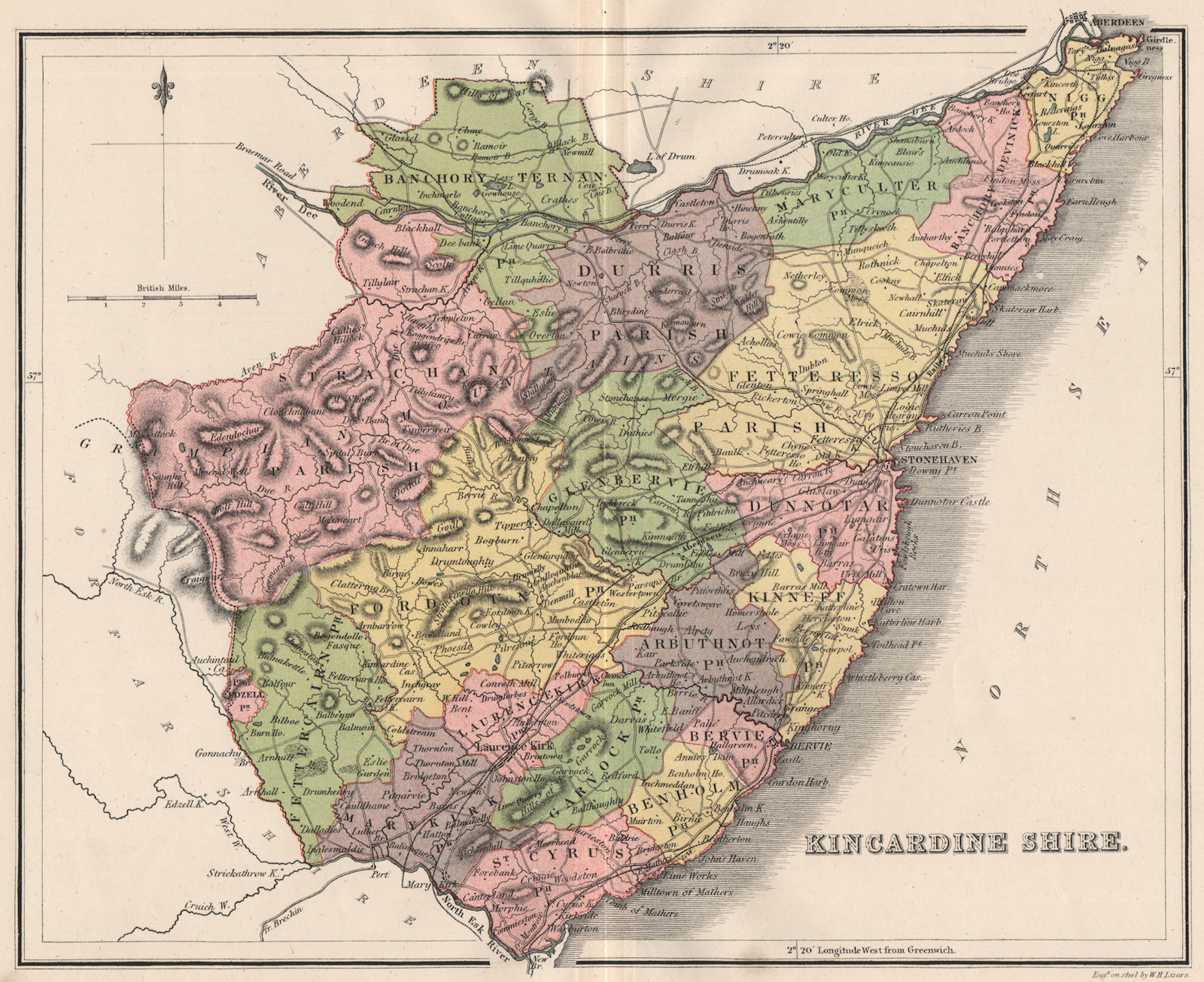 KINCARDINESHIRE. Antique county map. Parishes. Aberdeen. Scotland. LIZARS 1885