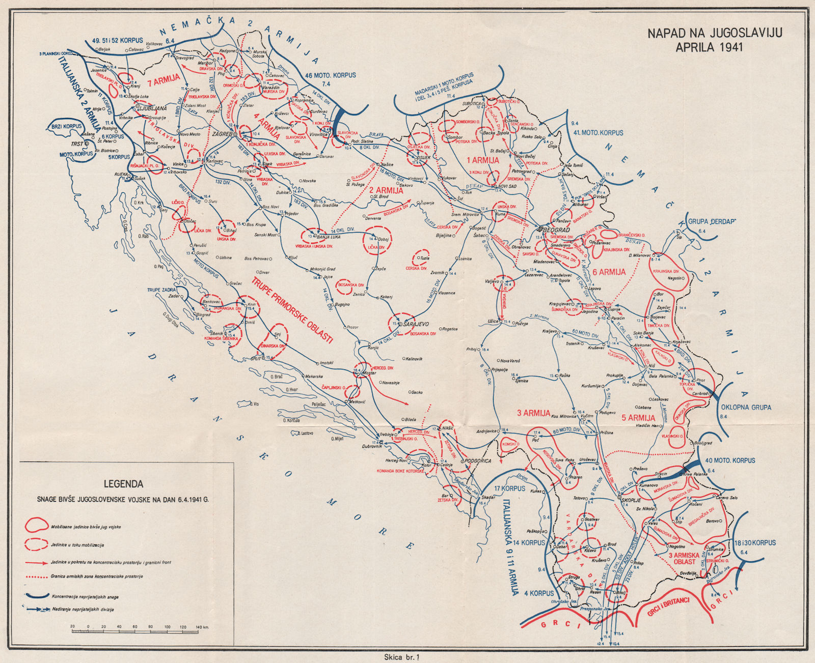 YUGOSLAVIA. The invasion of Yugoslavia in April 1941 1957 old vintage map