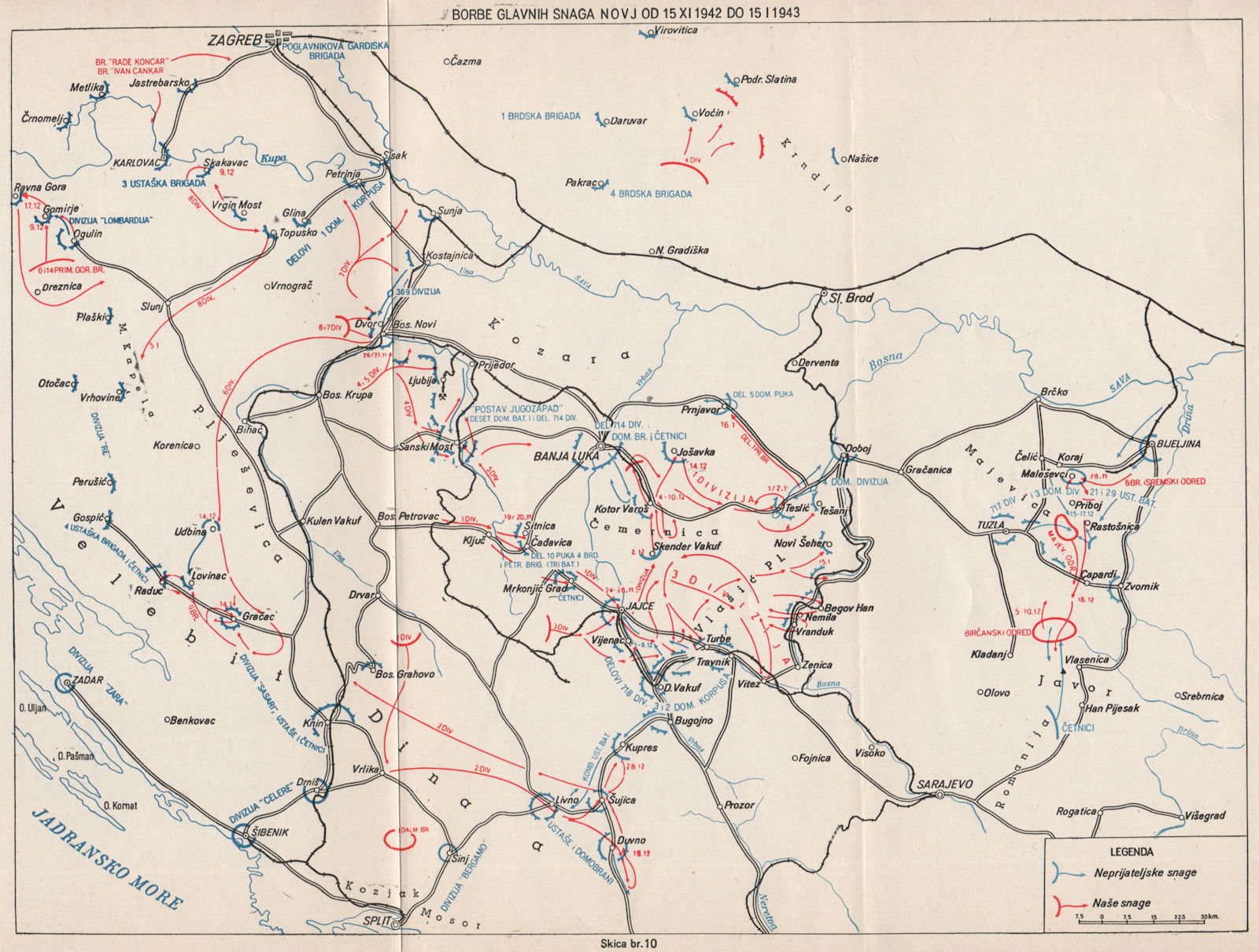YUGOSLAVIA. Fighting from 15 November 1942-15 January 1943. Banja Luka 1957 map
