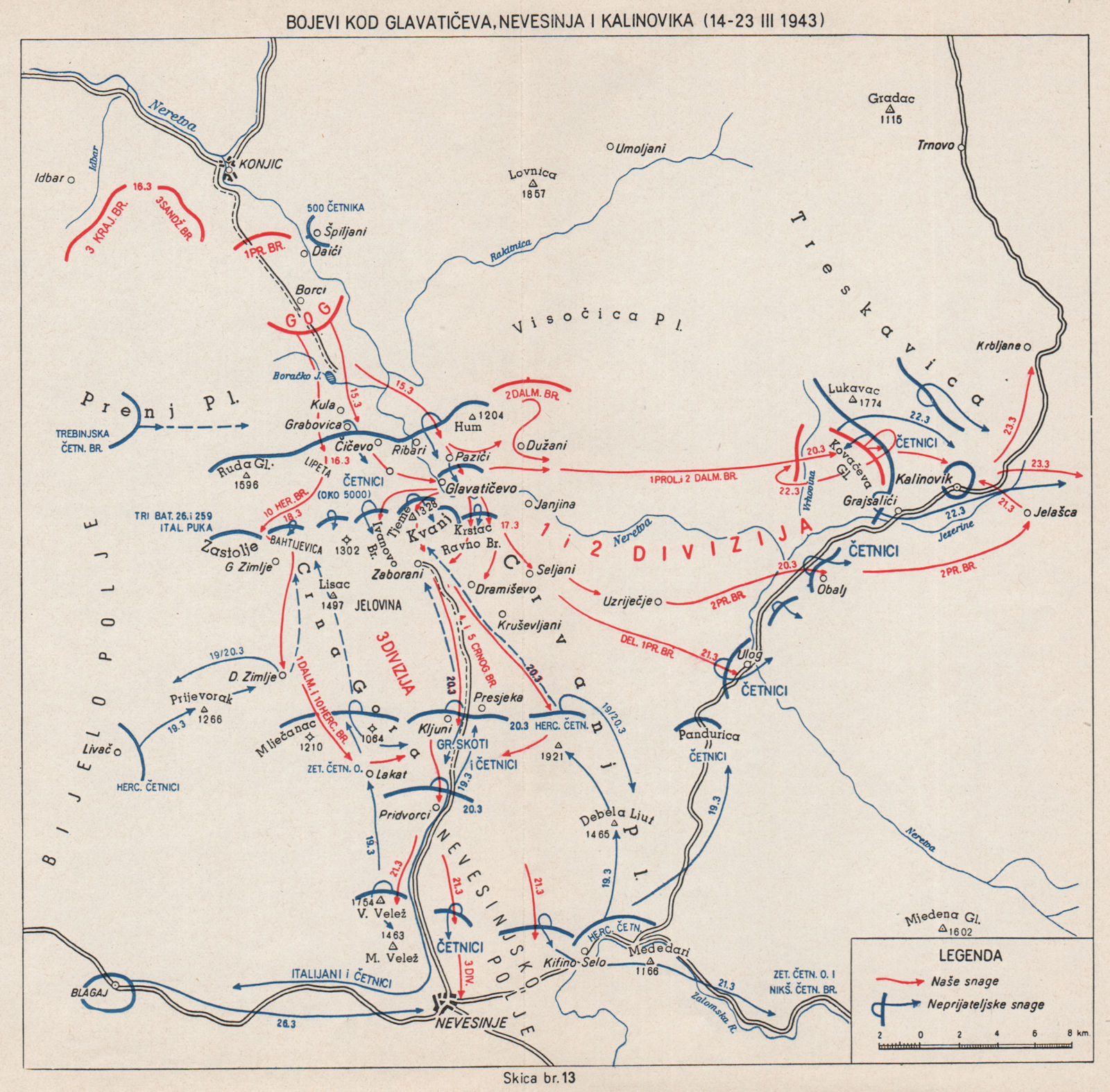BOSNIA HERZEGOVINA. Battles Glavaticevo Nevesinje Kalinovik March 1943 1957 map