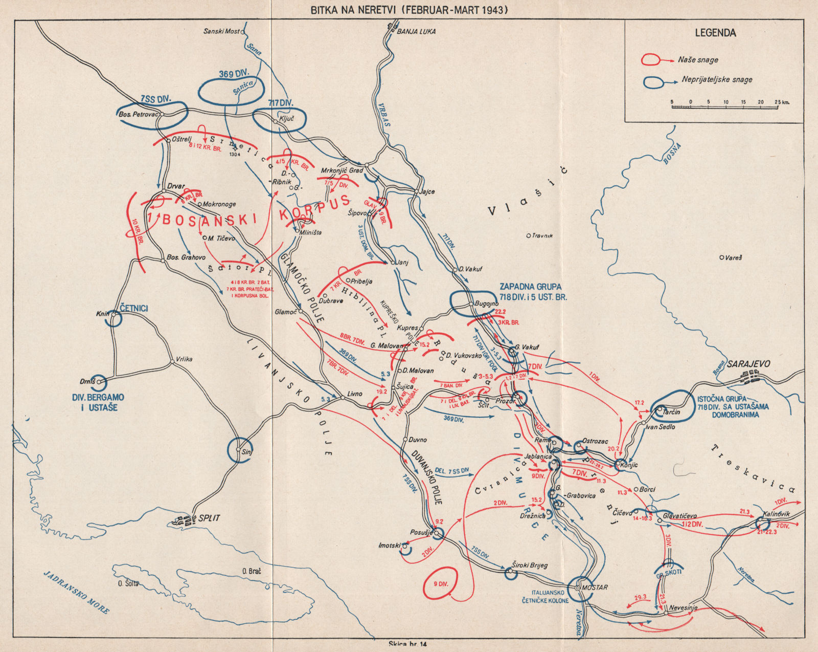 Associate Product BOSNIA HERZEGOVINA. The Battle of Neretva (February-March 1943)  1957 old map