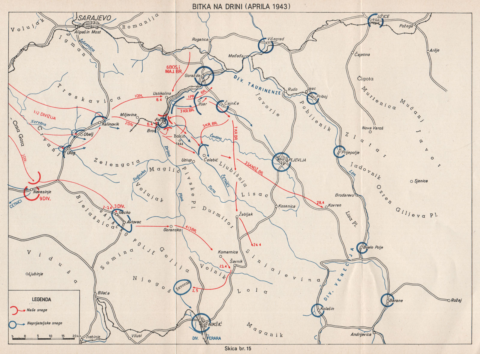 YUGOSLAVIA. Battle of the Drina (April 1943) . Sarajevo Pljevlja Niksic 1957 map
