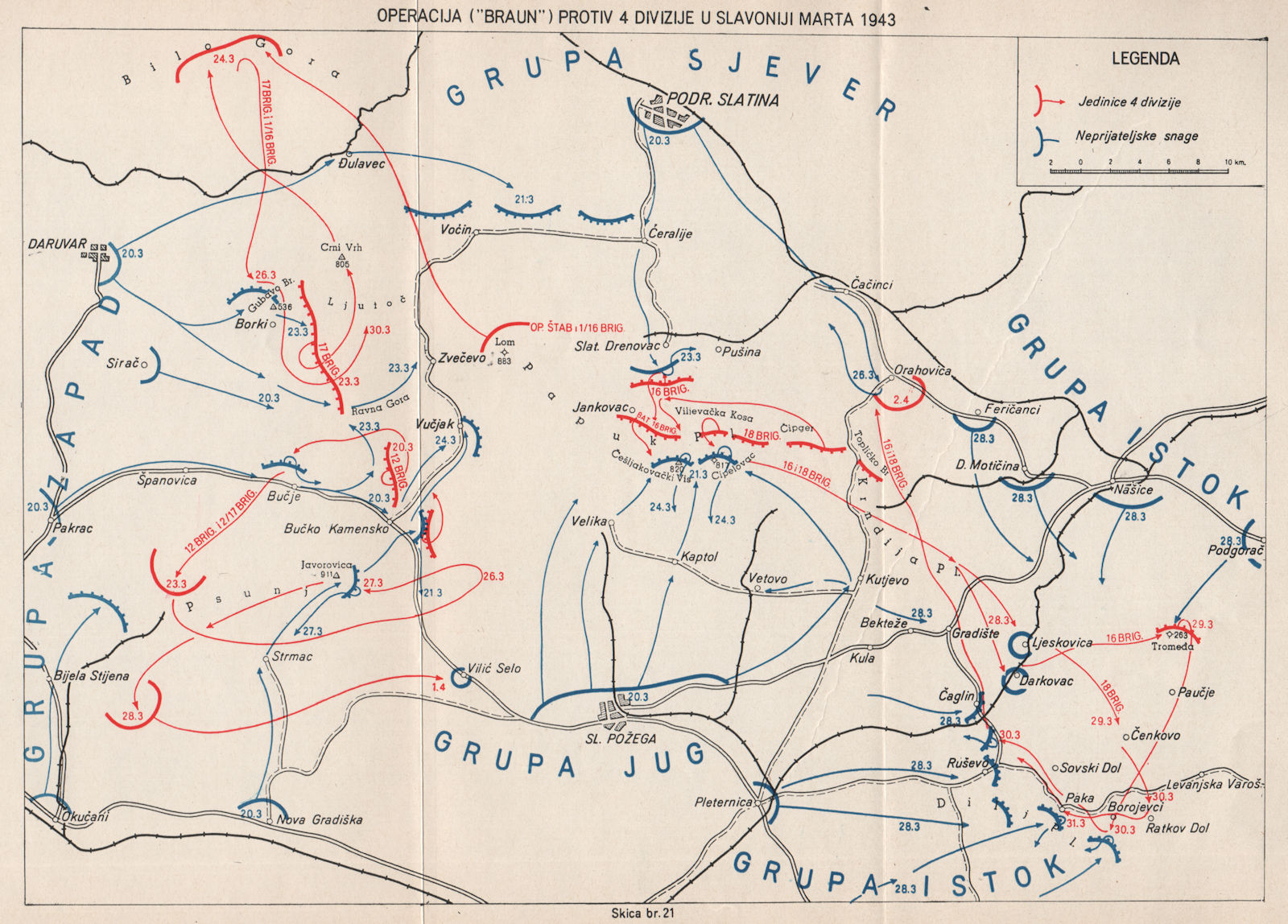 Associate Product CROATIA.Operation Braun.Psunj-Papuk.Slavonia April 1943.Slatina.Pozega 1957 map