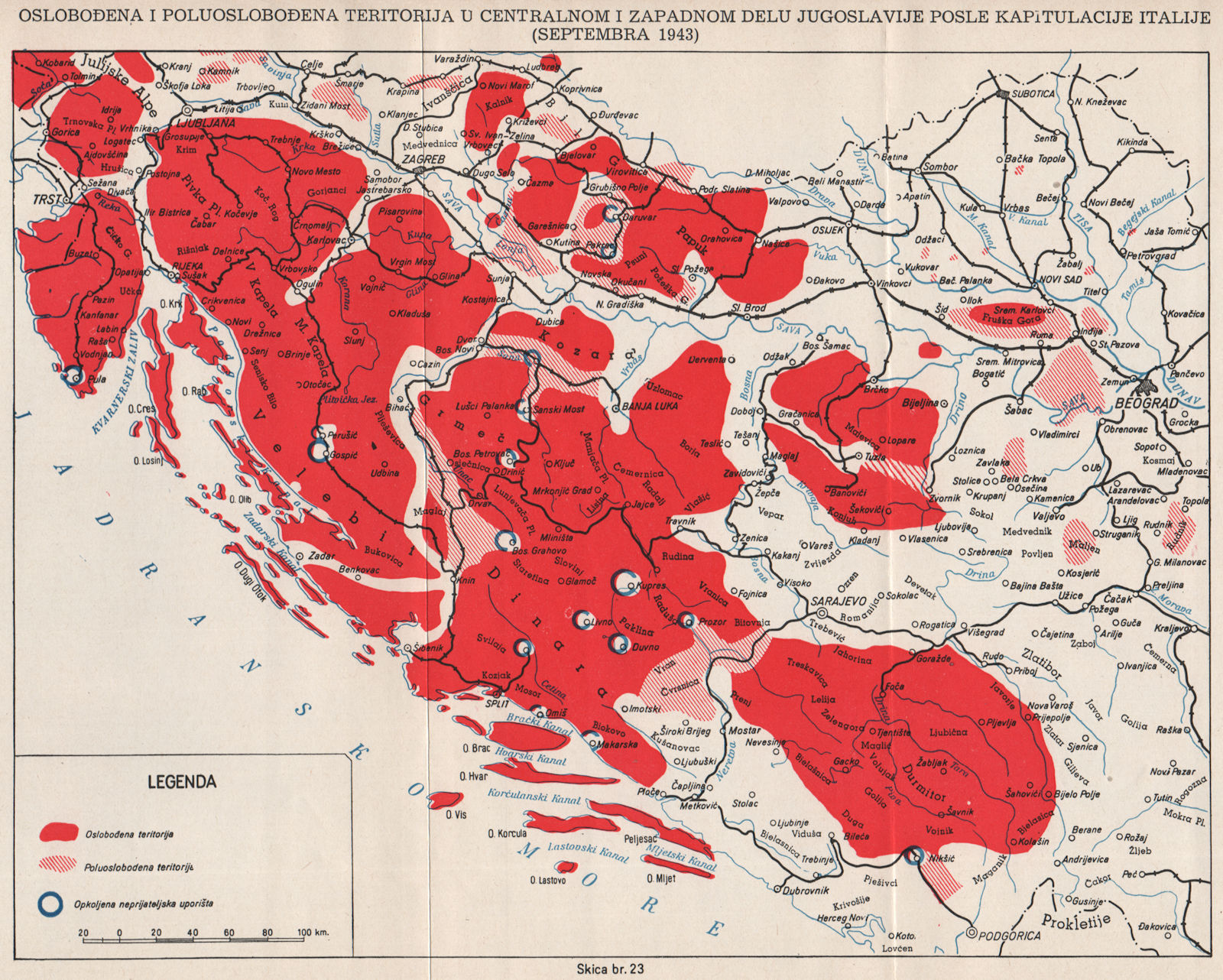 Associate Product YUGOSLAVIA. Liberated territory after Italy's capitulation Sept 1943 1957 map