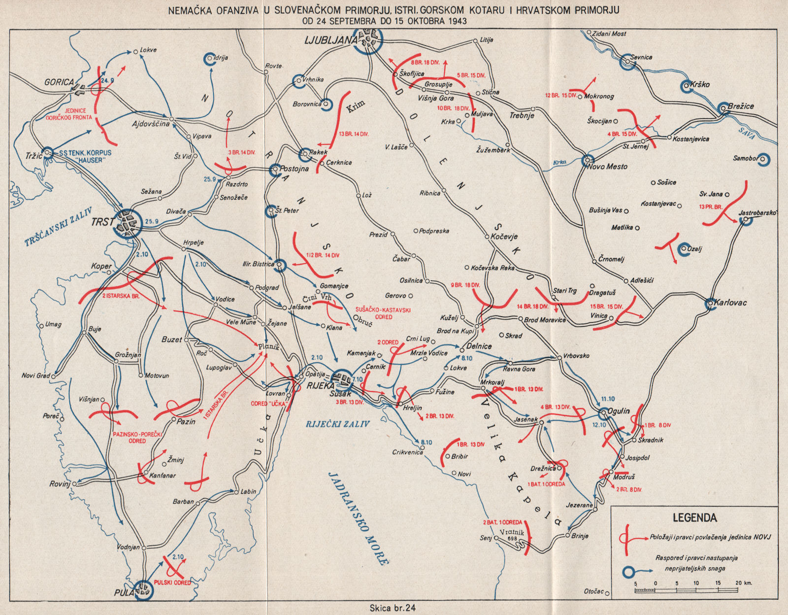 OP. ISTRIEN. Istria Slovenia Dalmatia 1943 Trieste Rijeka Ljubljana 1957 map