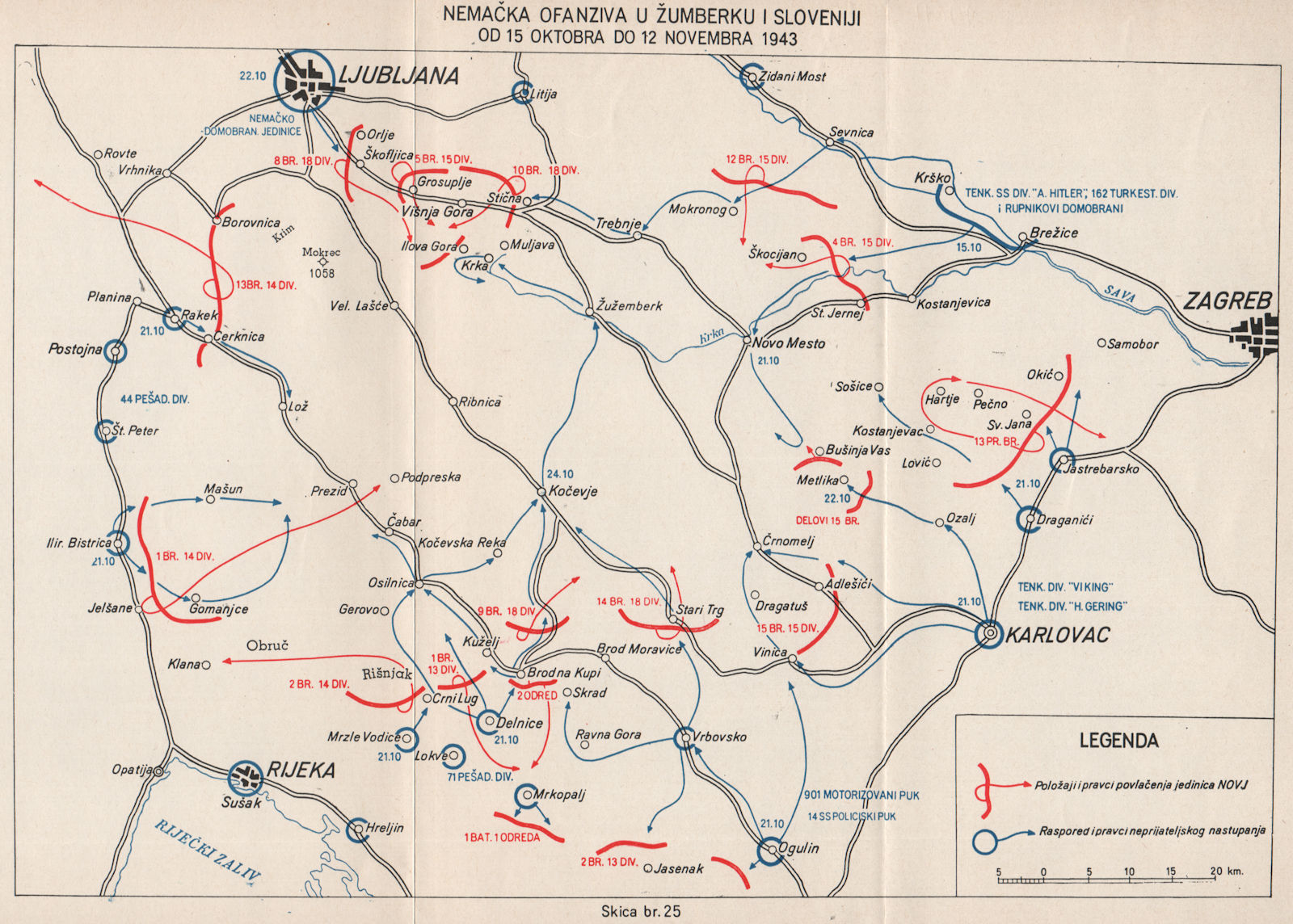 SLOVENIA.German Offensive Zumberku Oct-Nov 1943.Ljubljana Rijeka Zagreb 1957 map