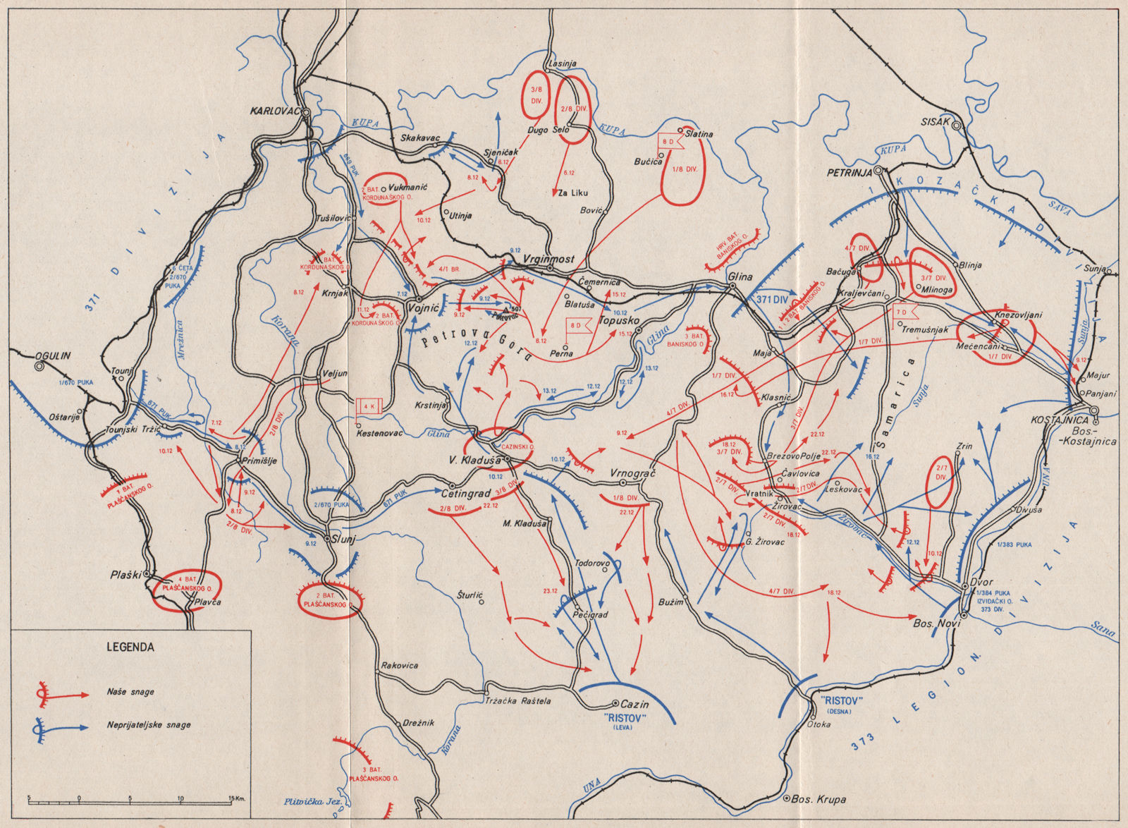CENTRAL CROATIA. Dec 1943 ops. Karlovac Petrinja Kostajnica Kladusa 1957 map