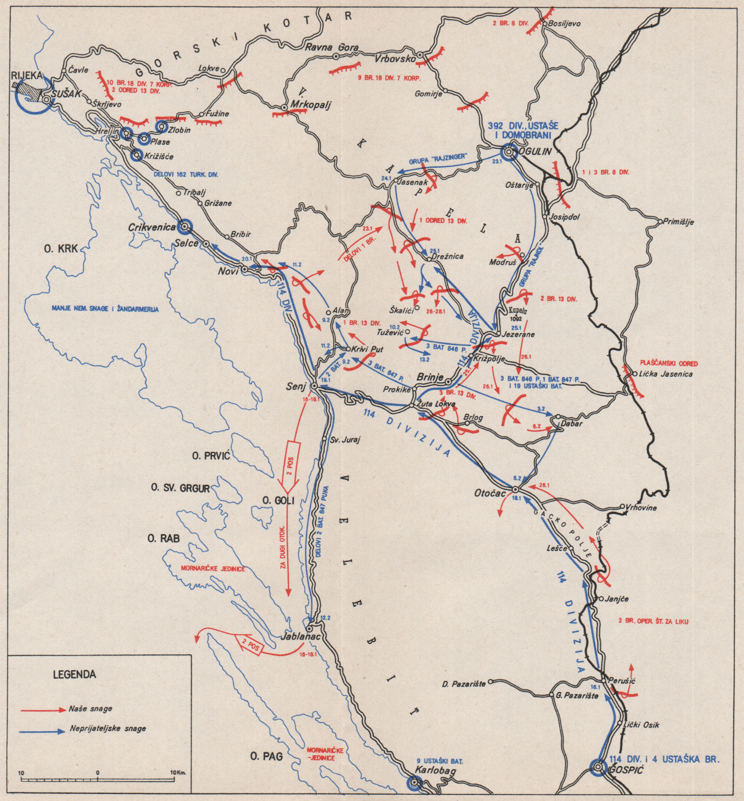 Associate Product CROATIA. Rijeka Ogulin Brinje Lika Gorski Kotar Coast Jan-Feb 1944 1957 map
