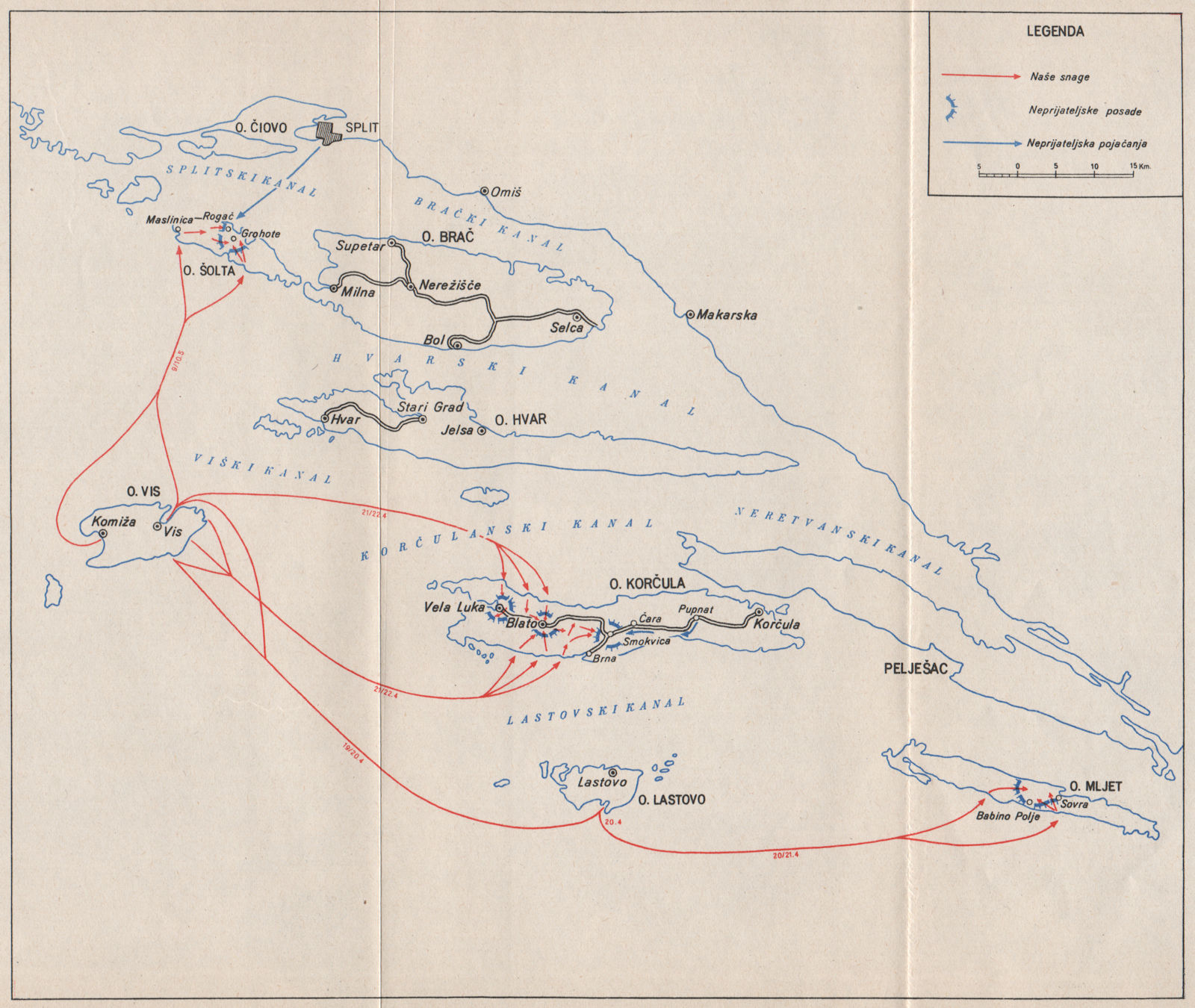 CROATIA. Assault div 26 raids. Mljet Korcula Solta Split April-May 1944 1957 map