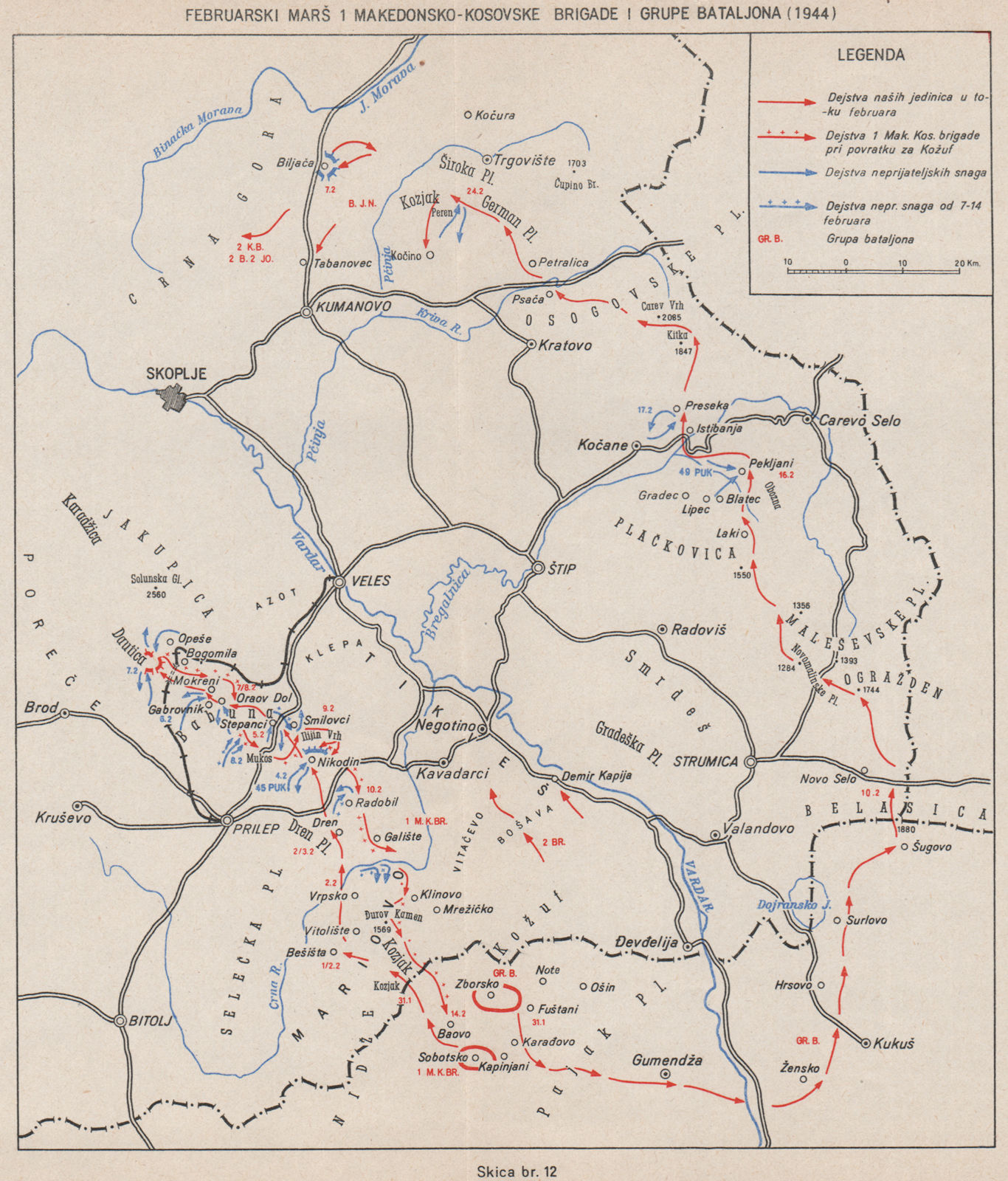 MACEDONIA/KOSOVO. Combat operations Feb-Mar 1944. Veles Prilep Kocane 1957 map